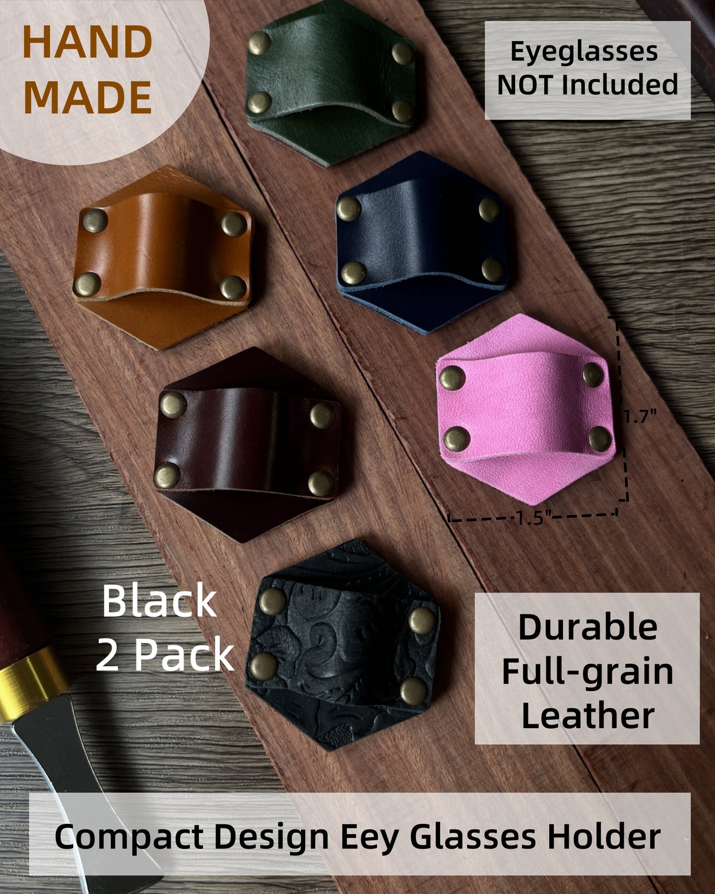 Leather Sunglass Holder for Car Dash One Handed, Eye Glasses Holder Organizer for Wall nightstand, Unique Gifts (Black Textured 2 Pack)