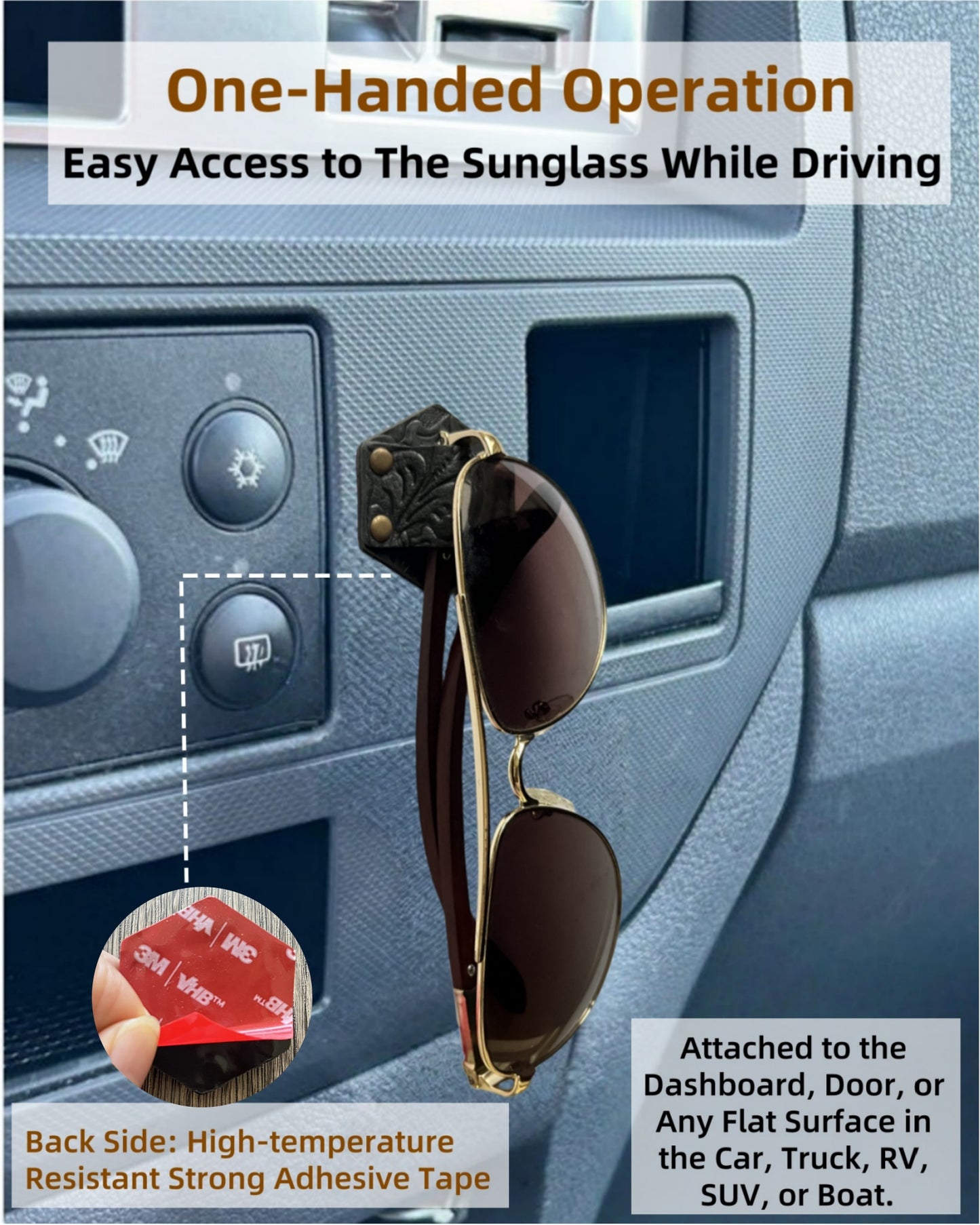 Leather Sunglass Holder for Car Dash One Handed, Eye Glasses Holder Organizer for Wall nightstand, Unique Gifts (Black Textured 2 Pack)
