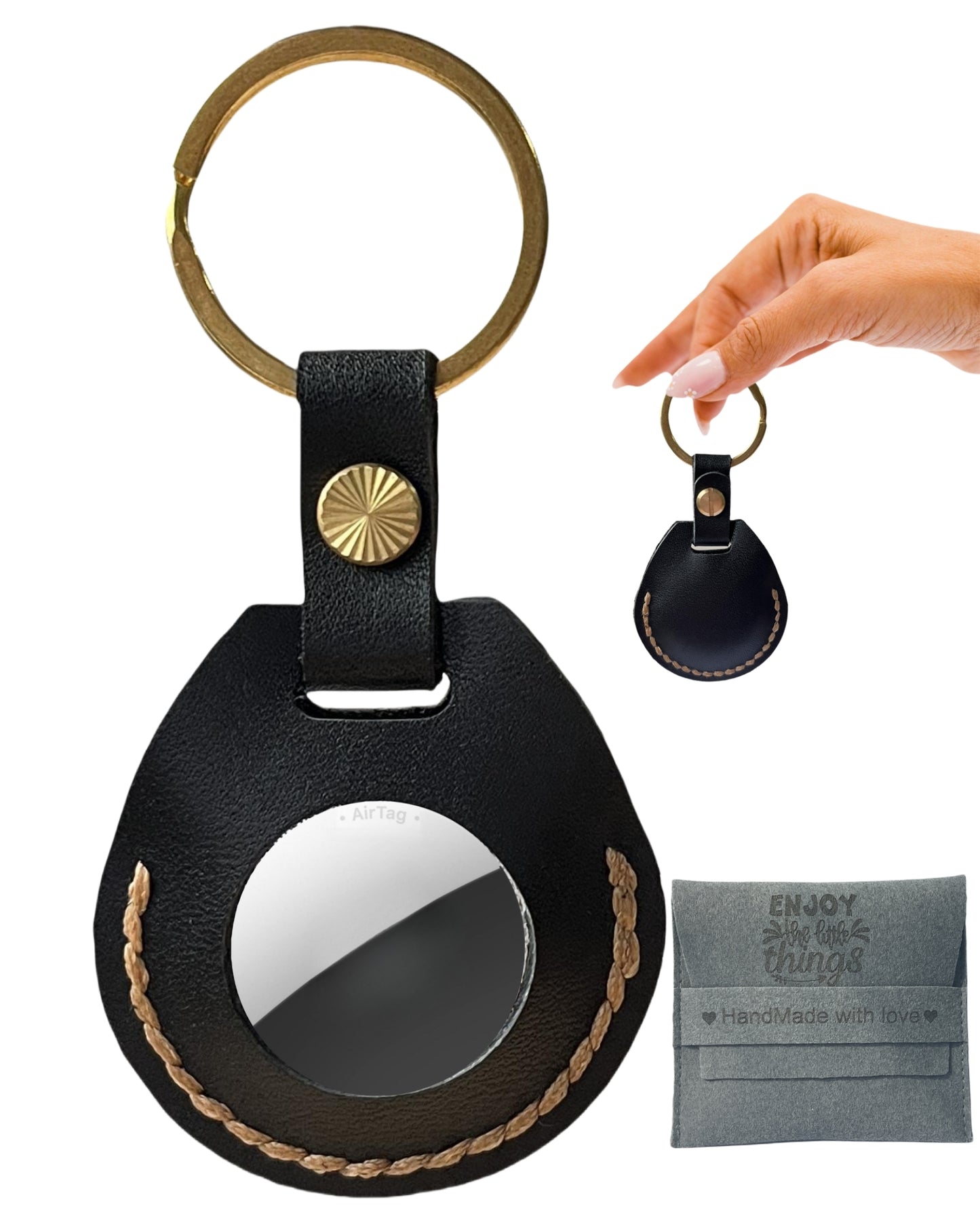 Compatible with Airtag Keychain Holder Full-grain Genuine Leather Air Tag Key Ring Case Women Men Gifts Handmade ( Raven Black)