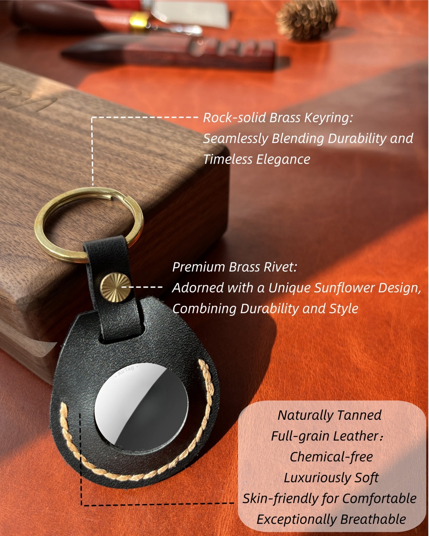 Compatible with Airtag Keychain Holder Full-grain Genuine Leather Air Tag Key Ring Case Women Men Gifts Handmade ( Raven Black)