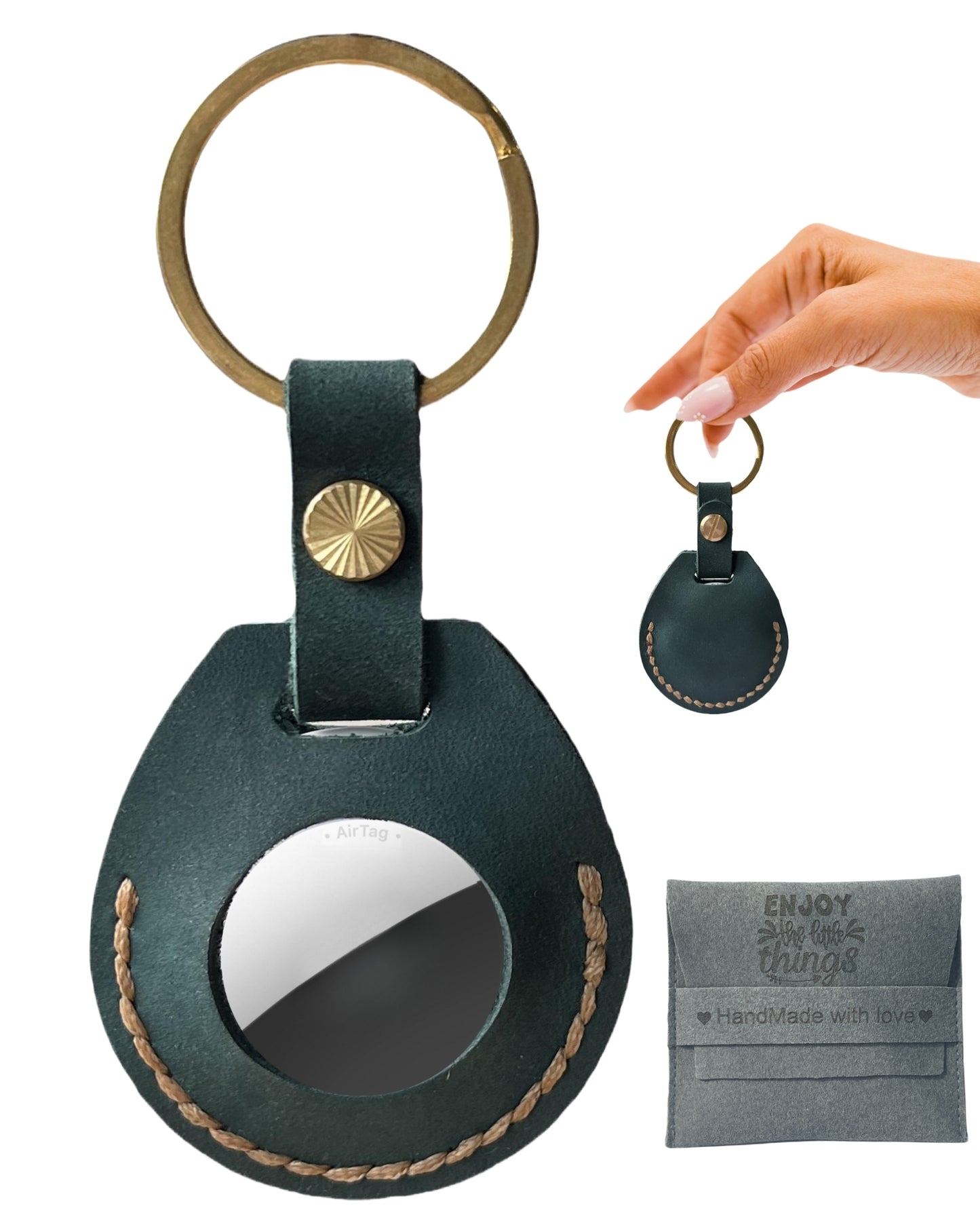 Compatible with Airtag Keychain Holder Full-grain Genuine Leather Air Tag Key Ring Case Women Men Gifts Handmade (Ocean Blue)