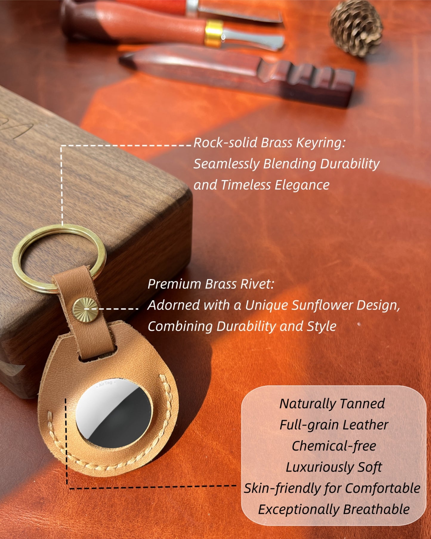 Compatible with Airtag Keychain Holder Full-grain Genuine Leather Air Tag Key Ring Case Women Men Gifts Handmade ( British Tan )