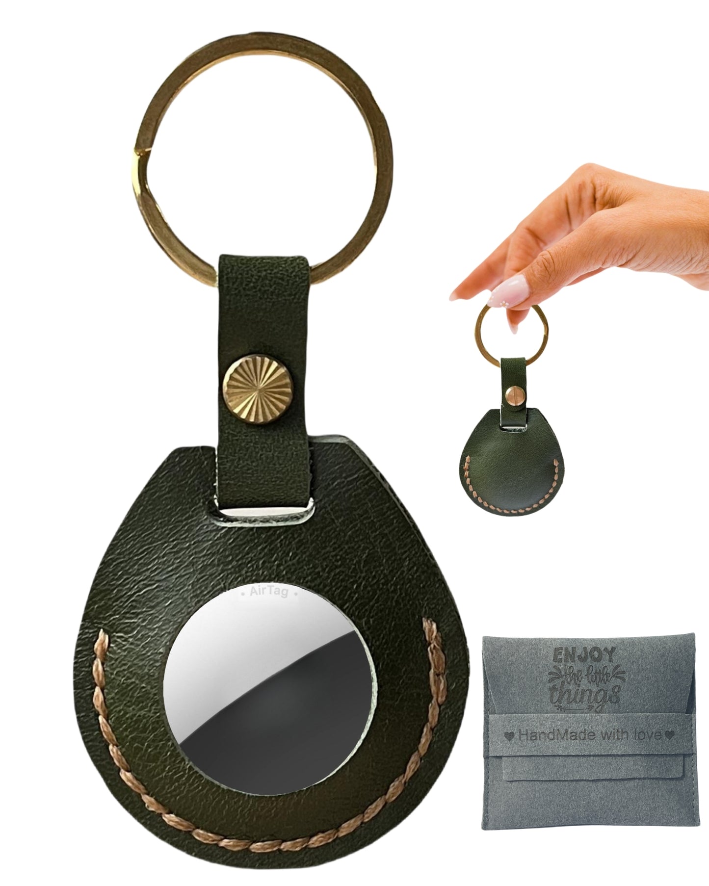 Compatible with Airtag Keychain Holder Full-grain Genuine Leather Air Tag Key Ring Case Women Men Gifts Handmade ( Olive )
