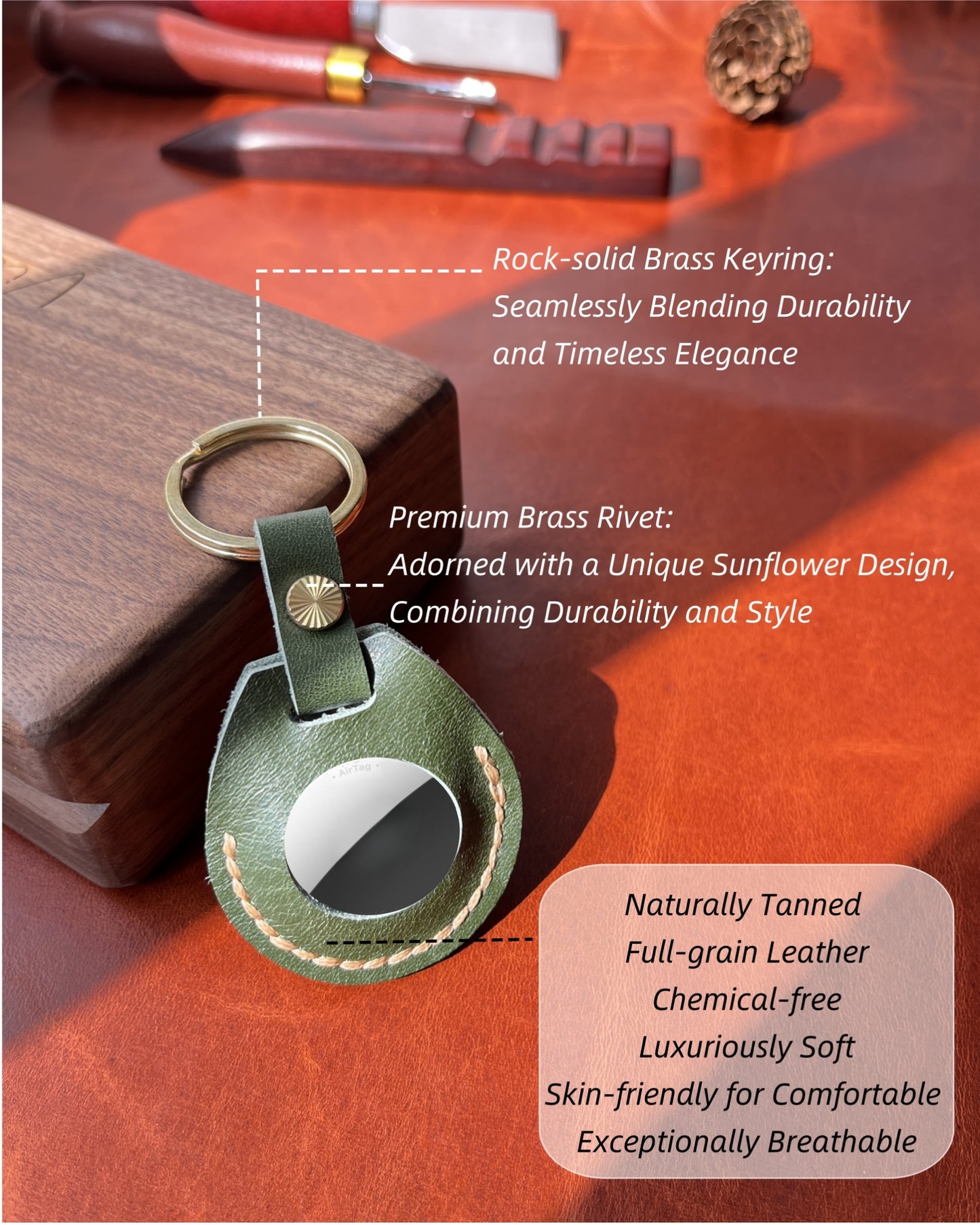 Compatible with Airtag Keychain Holder Full-grain Genuine Leather Air Tag Key Ring Case Women Men Gifts Handmade ( Olive )