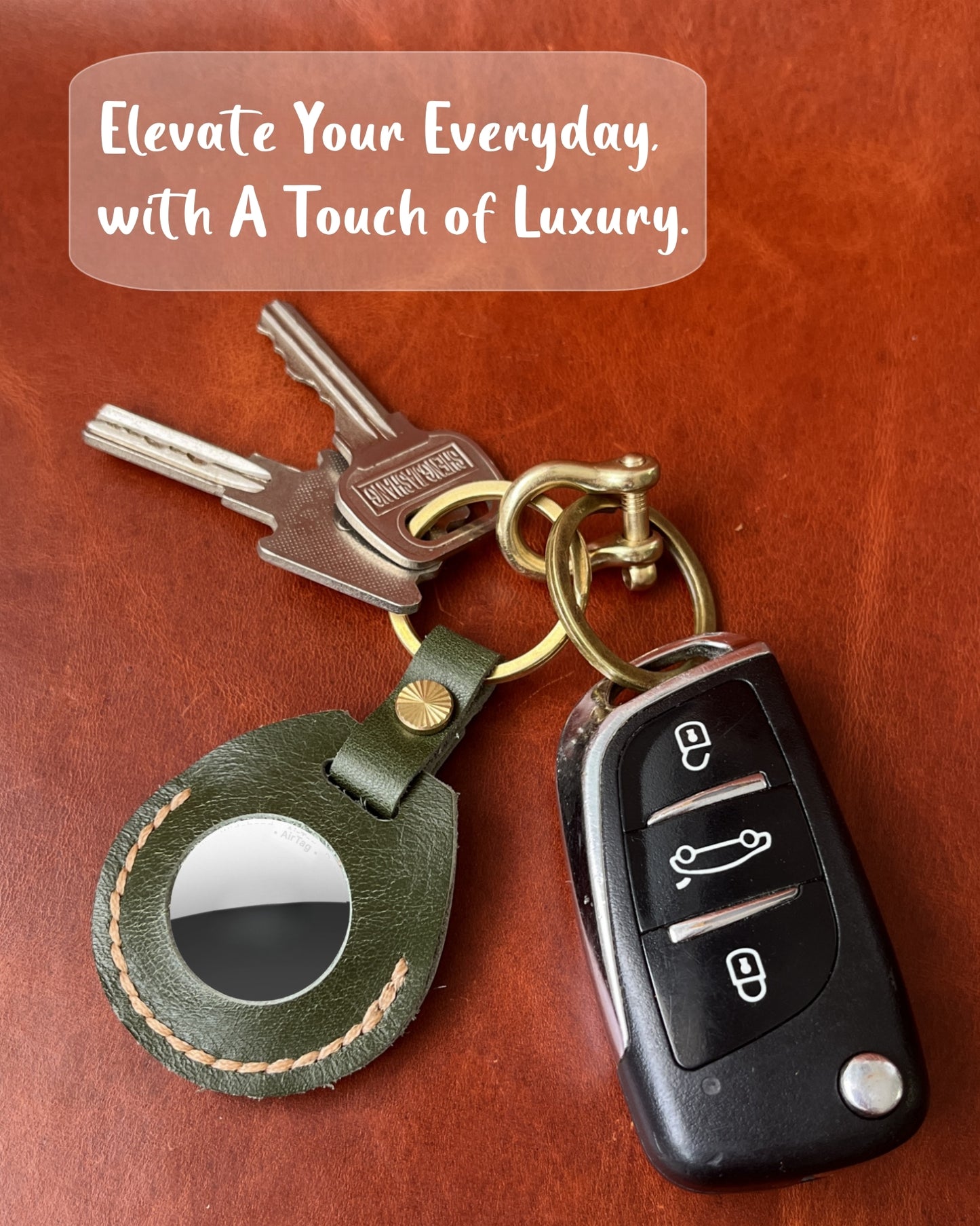 Compatible with Airtag Keychain Holder Full-grain Genuine Leather Air Tag Key Ring Case Women Men Gifts Handmade ( Olive )