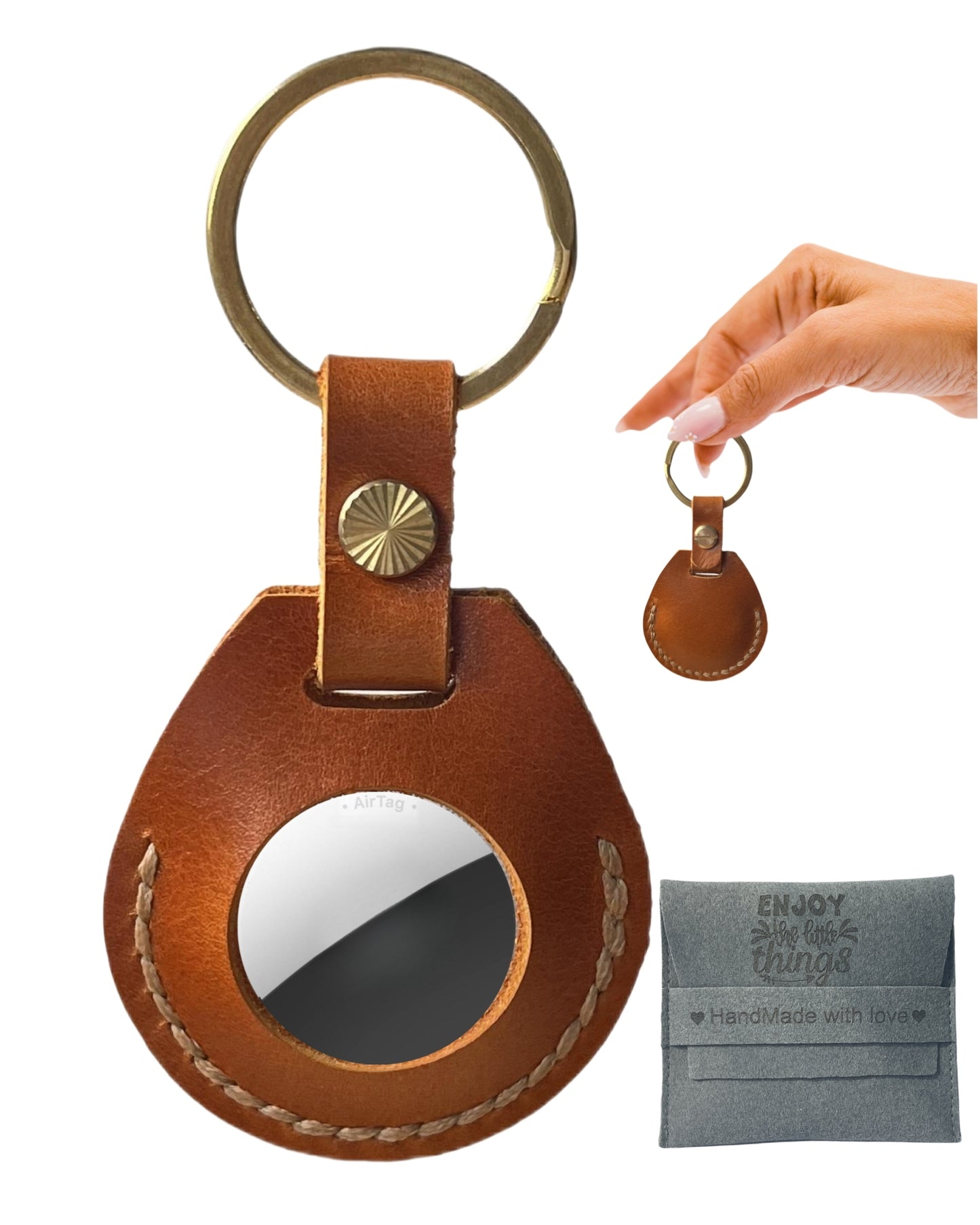Compatible with Airtag Keychain Holder Full-grain Genuine Leather Air Tag Key Ring Case Women Men Gifts Handmade (Moroccan Honey)
