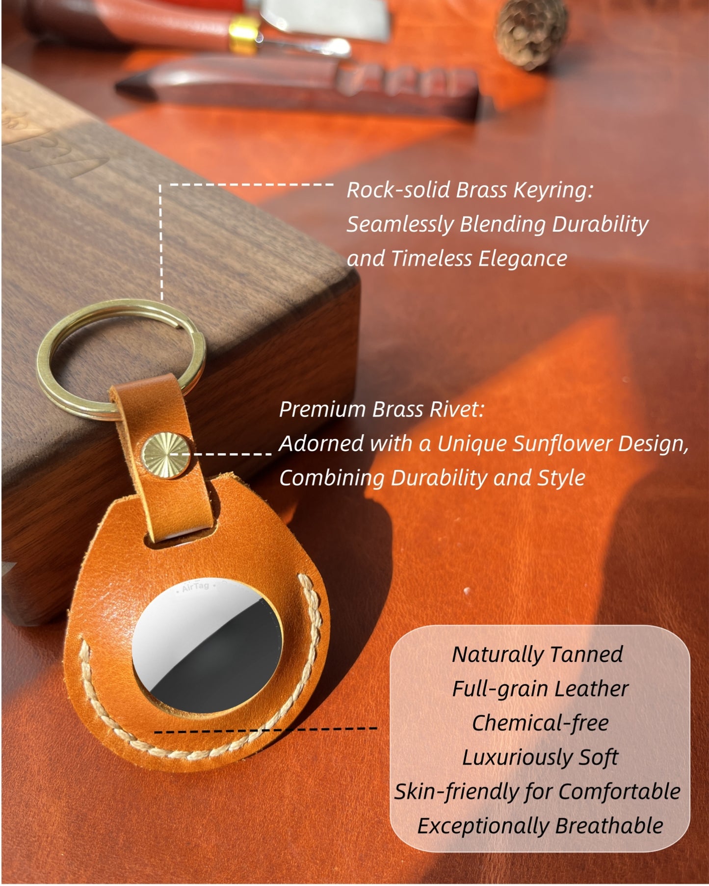 Compatible with Airtag Keychain Holder Full-grain Genuine Leather Air Tag Key Ring Case Women Men Gifts Handmade (Moroccan Honey)