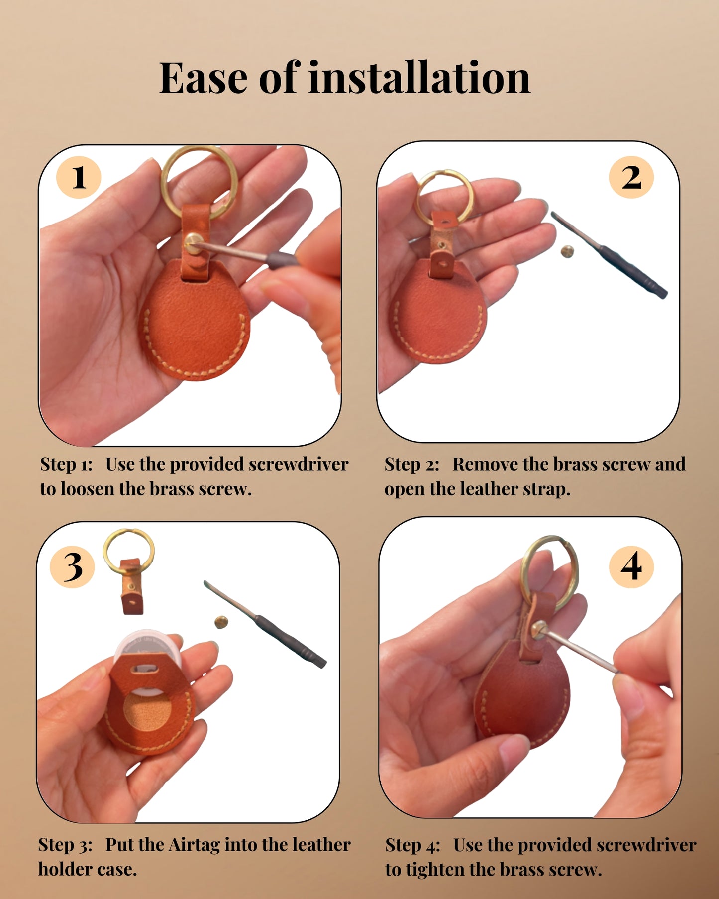 Compatible with Airtag Keychain Holder Full-grain Genuine Leather Air Tag Key Ring Case Women Men Gifts Handmade (Moroccan Honey)