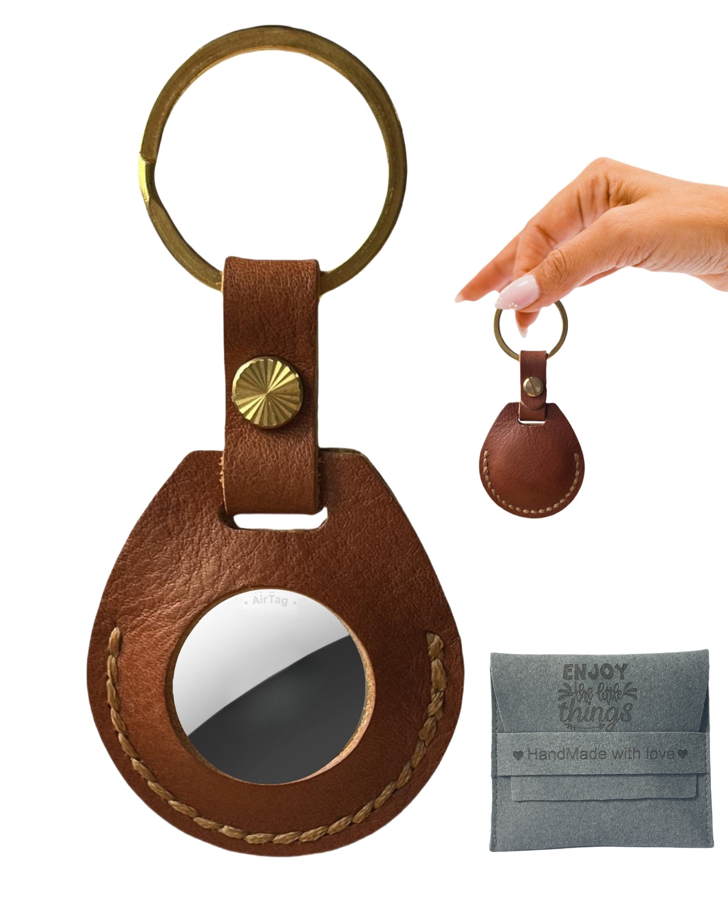 Compatible with Airtag Keychain Holder Full-grain Genuine Leather Air Tag Key Ring Case Women Men Gifts Handmade ( Italian Brown )