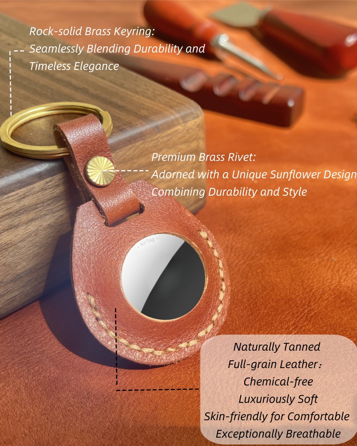 Compatible with Airtag Keychain Holder Full-grain Genuine Leather Air Tag Key Ring Case Women Men Gifts Handmade ( Italian Brown )