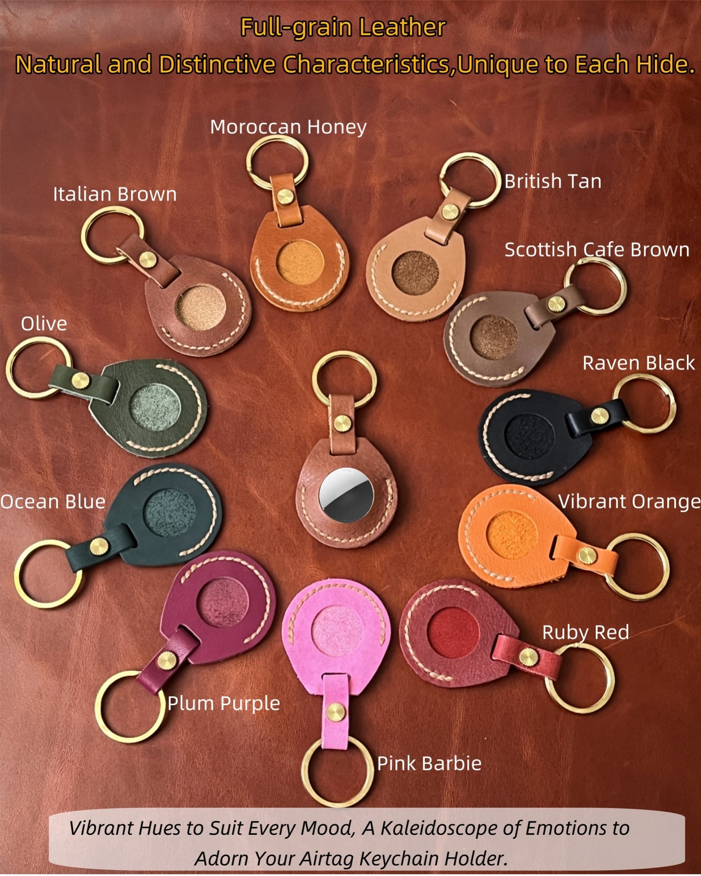 Compatible with Airtag Keychain Holder Full-grain Genuine Leather Air Tag Key Ring Case Women Men Gifts Handmade ( Italian Brown )