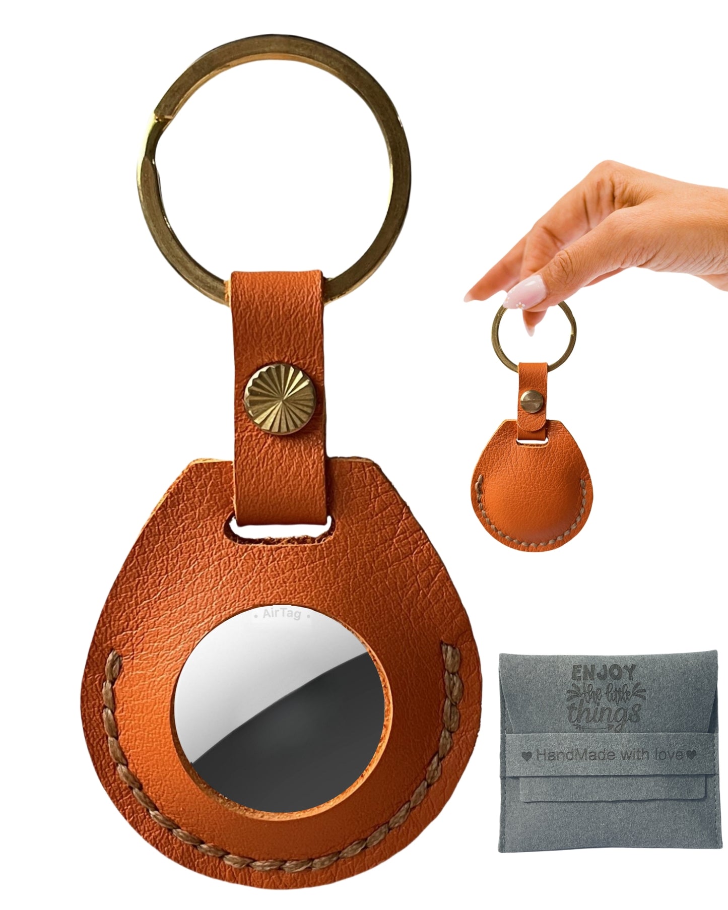 Compatible with Airtag Keychain Holder Full-grain Genuine Leather Air Tag Key Ring Case Women Men Gifts Handmade ( Vibrant Orange )