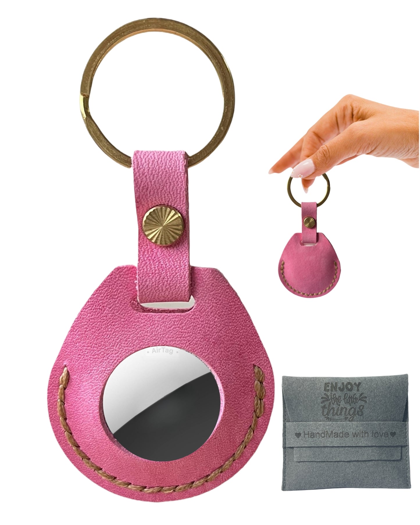 Compatible with Airtag Keychain Holder Full-grain Genuine Leather Air Tag Key Ring Case Women Men Gifts Handmade (Pink Barbie)