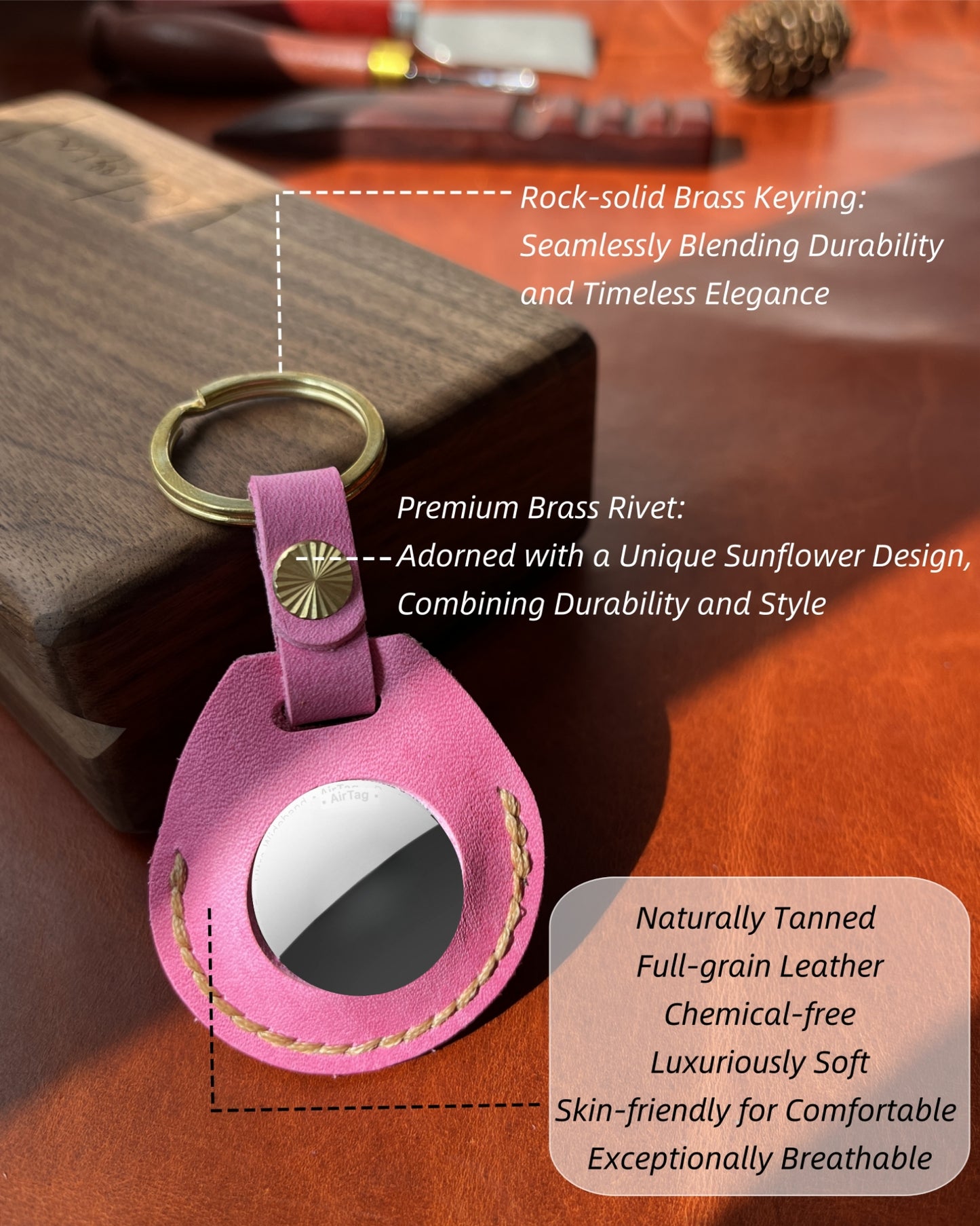 Compatible with Airtag Keychain Holder Full-grain Genuine Leather Air Tag Key Ring Case Women Men Gifts Handmade (Pink Barbie)