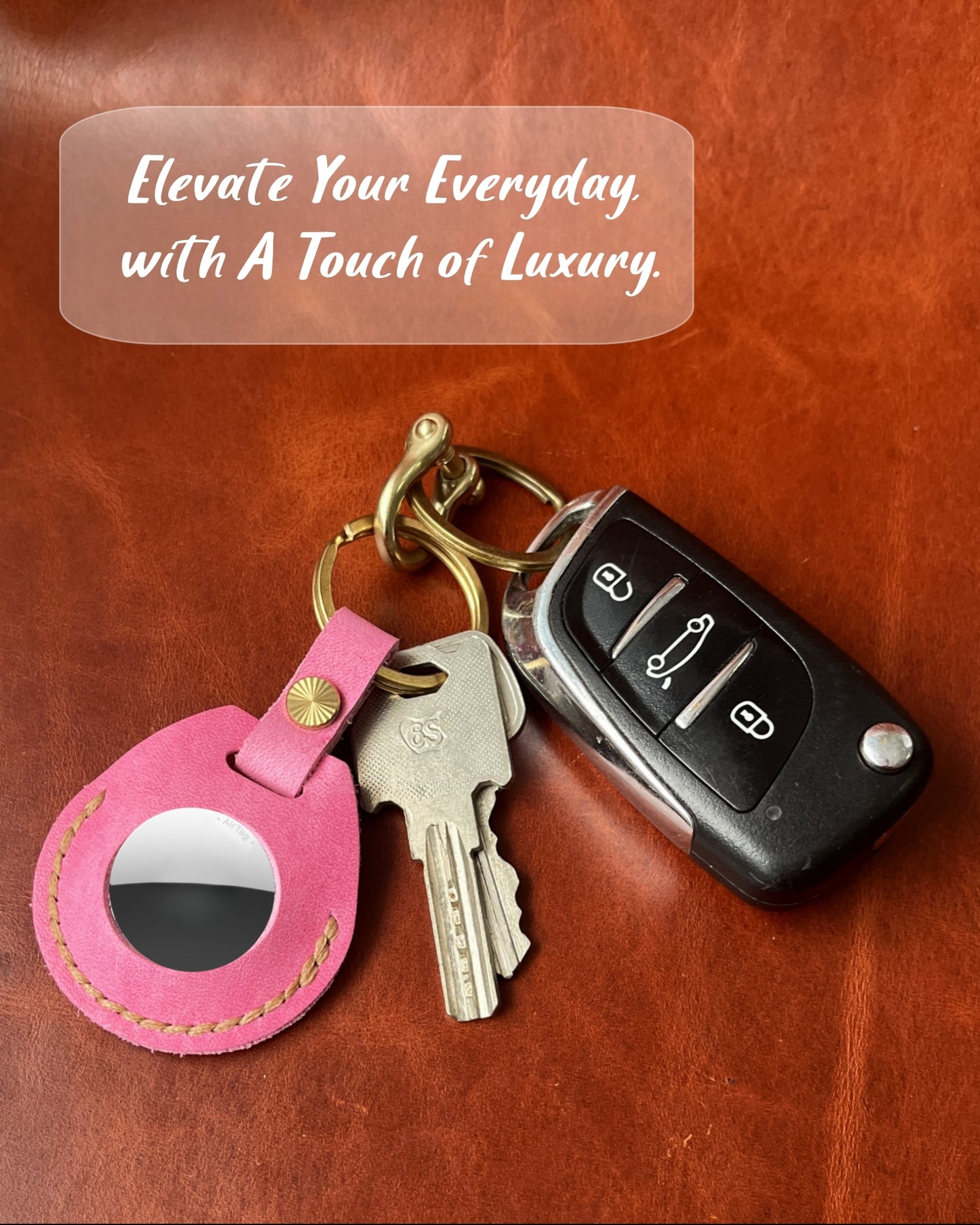Compatible with Airtag Keychain Holder Full-grain Genuine Leather Air Tag Key Ring Case Women Men Gifts Handmade (Pink Barbie)