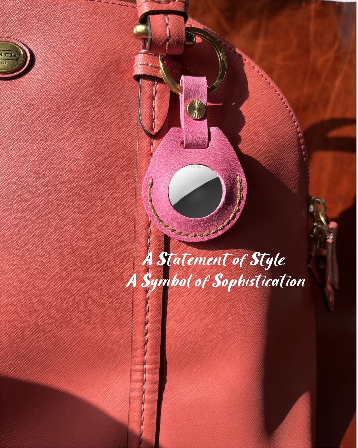 Compatible with Airtag Keychain Holder Full-grain Genuine Leather Air Tag Key Ring Case Women Men Gifts Handmade (Pink Barbie)