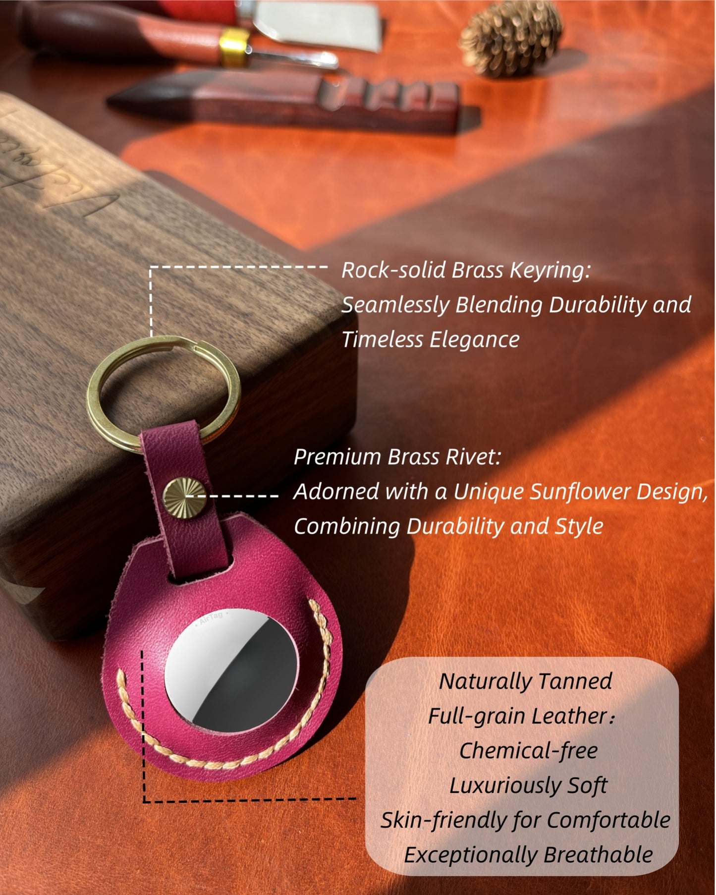 Compatible with Airtag Keychain Holder Full-grain Genuine Leather Air Tag Key Ring Case Women Men Gifts Handmade ( Plum Purple)