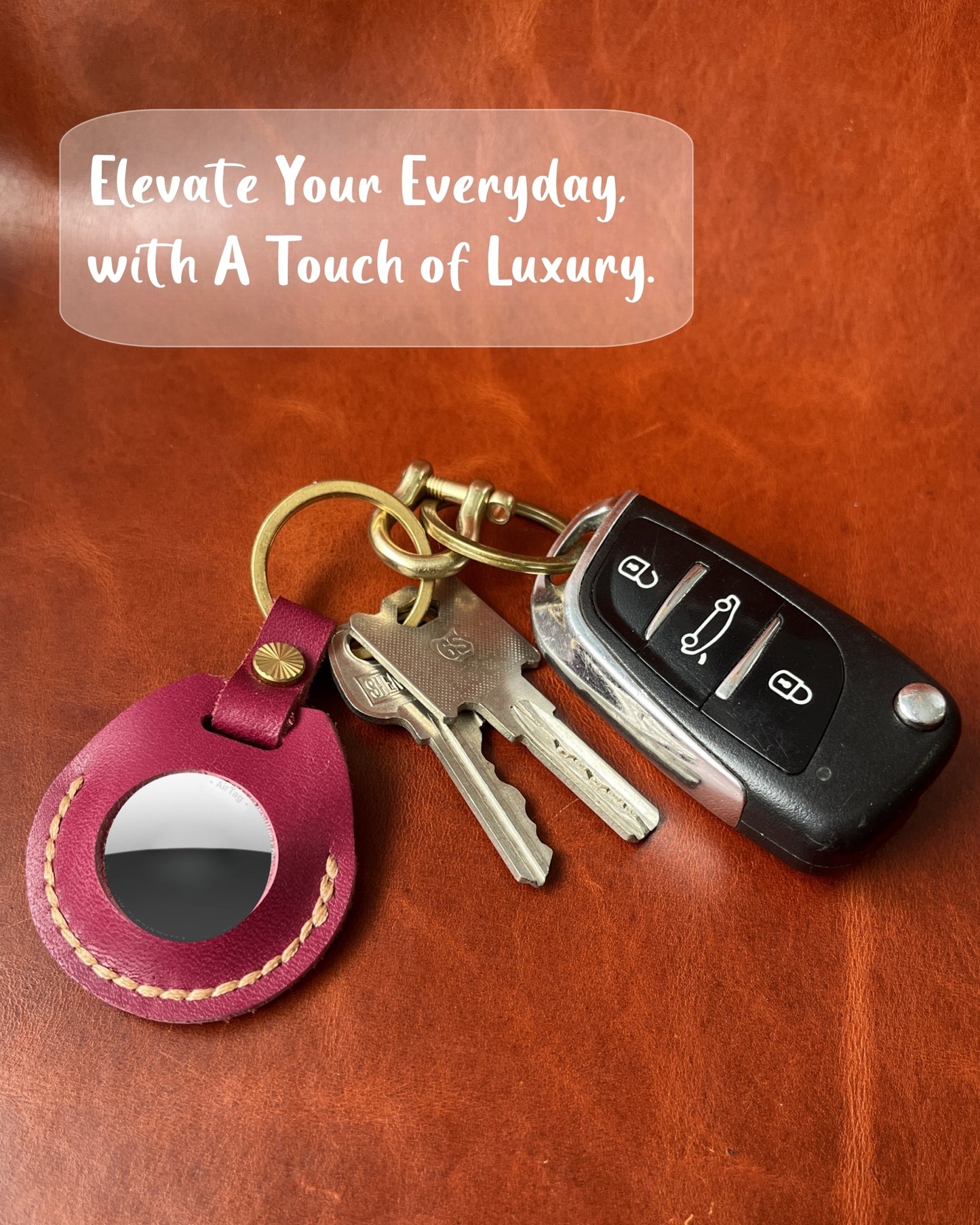 Compatible with Airtag Keychain Holder Full-grain Genuine Leather Air Tag Key Ring Case Women Men Gifts Handmade ( Plum Purple)