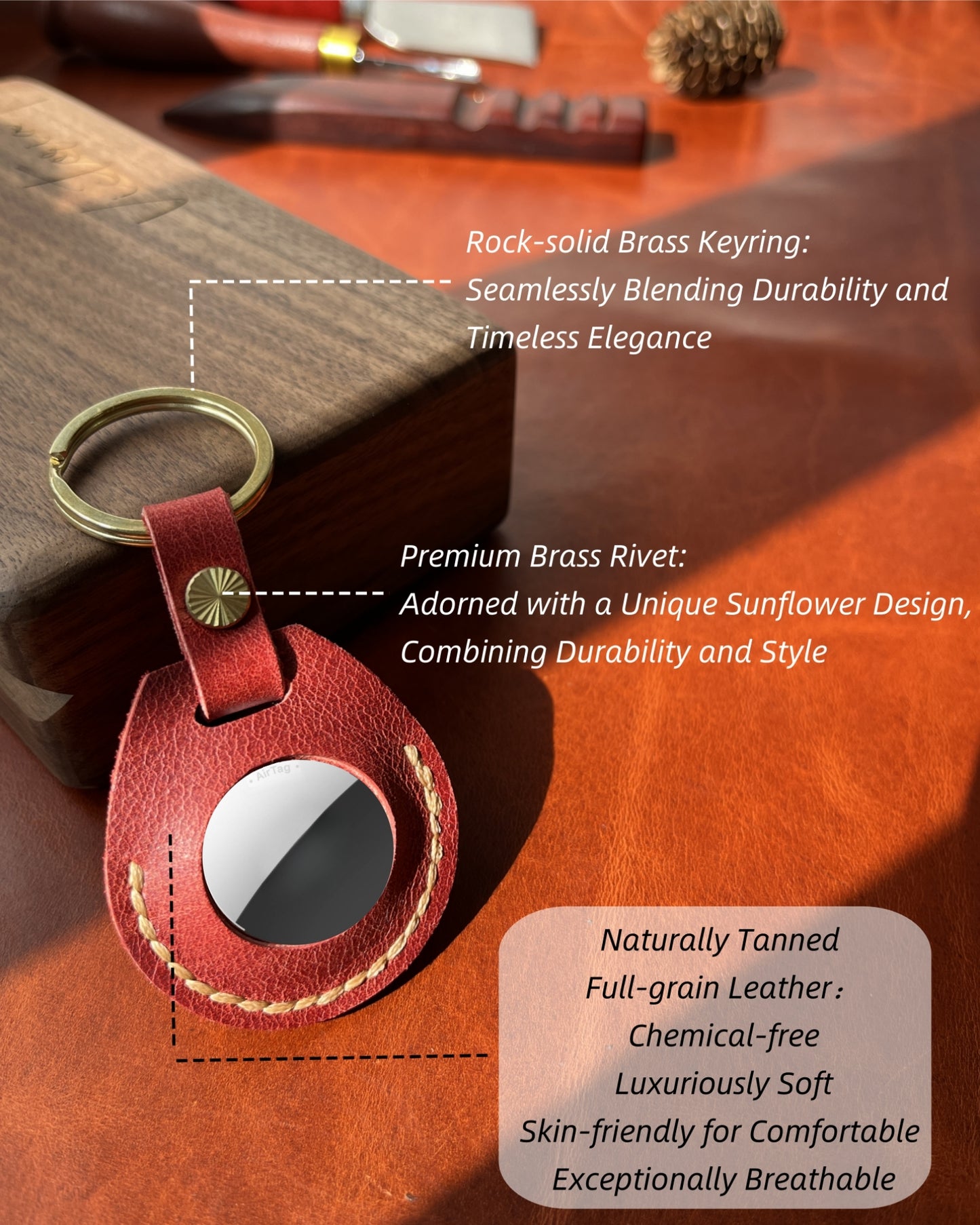 Compatible with Airtag Keychain Holder Full-grain Genuine Leather Air Tag Key Ring Case Women Men Gifts Handmade ( Ruby Red )