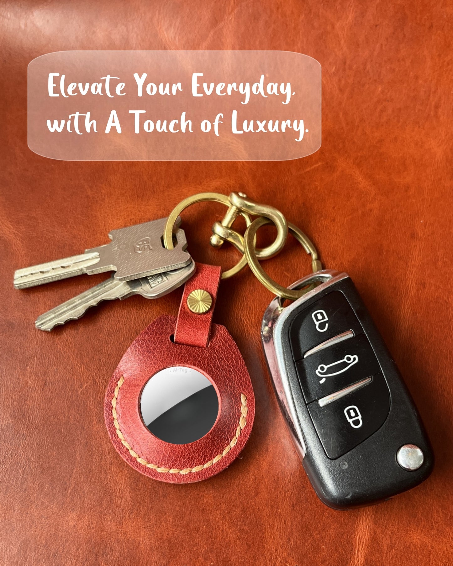 Compatible with Airtag Keychain Holder Full-grain Genuine Leather Air Tag Key Ring Case Women Men Gifts Handmade ( Ruby Red )