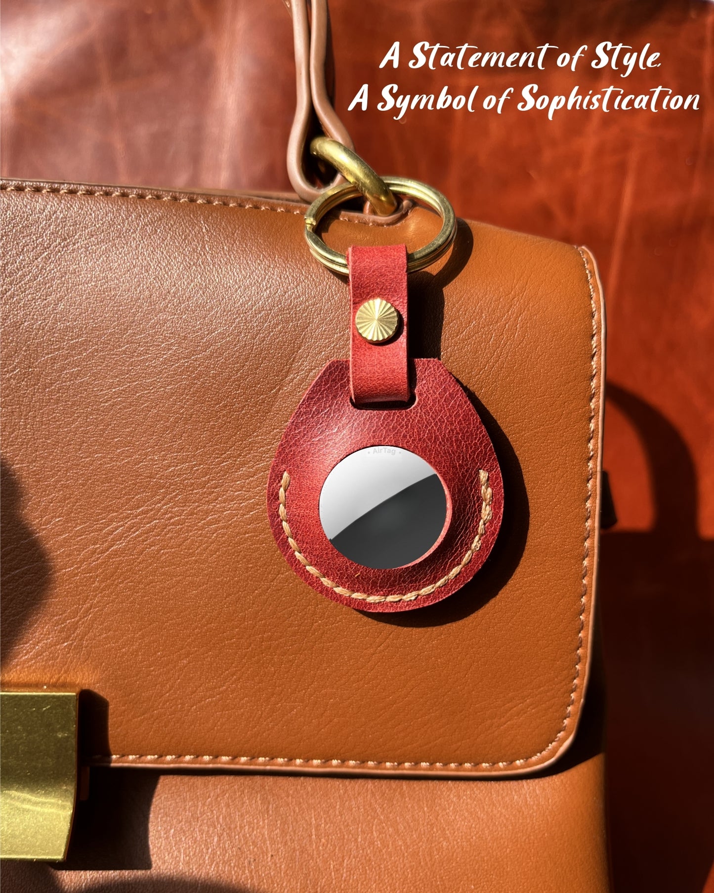 Compatible with Airtag Keychain Holder Full-grain Genuine Leather Air Tag Key Ring Case Women Men Gifts Handmade ( Ruby Red )