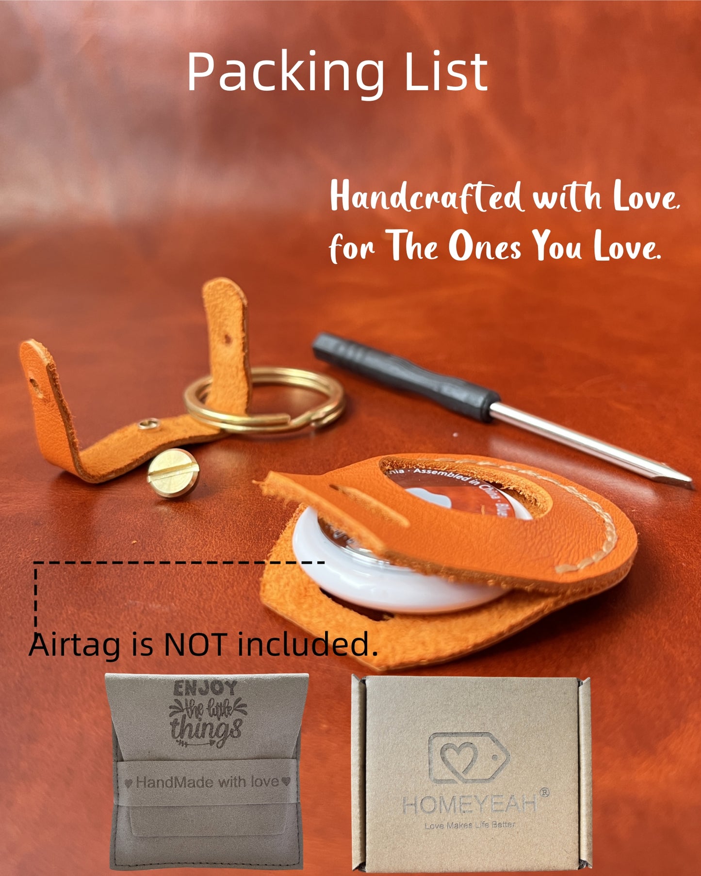 Compatible with Airtag Keychain Holder Full-grain Genuine Leather Air Tag Key Ring Case Women Men Gifts Handmade ( Vibrant Orange )