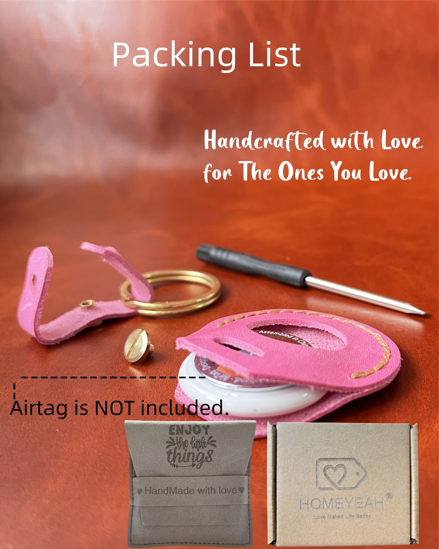 Compatible with Airtag Keychain Holder Full-grain Genuine Leather Air Tag Key Ring Case Women Men Gifts Handmade (Pink Barbie)