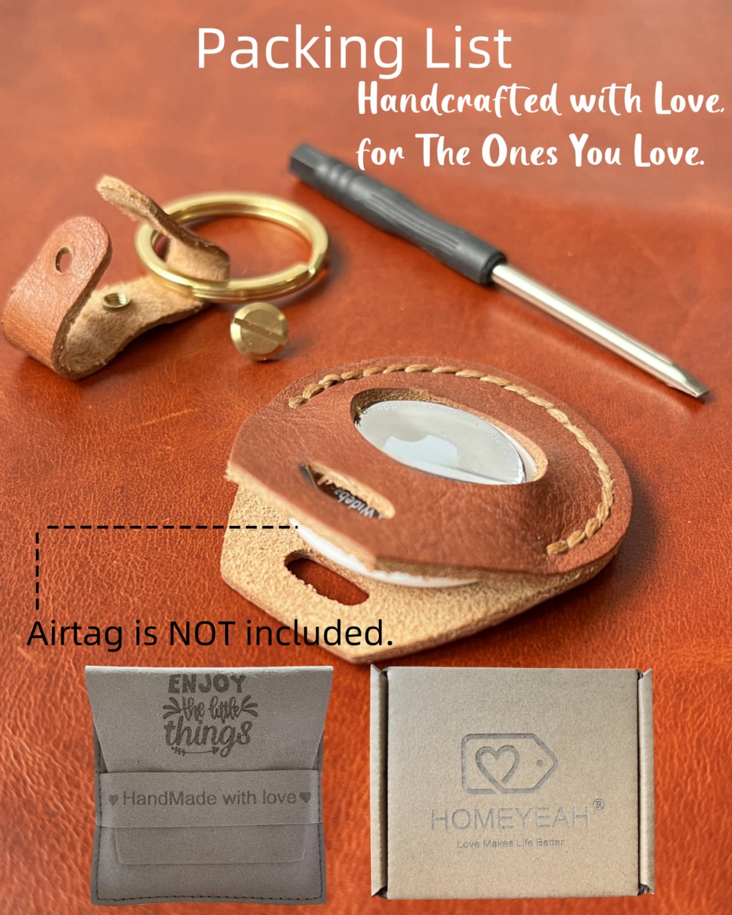 Compatible with Airtag Keychain Holder Full-grain Genuine Leather Air Tag Key Ring Case Women Men Gifts Handmade ( Italian Brown )
