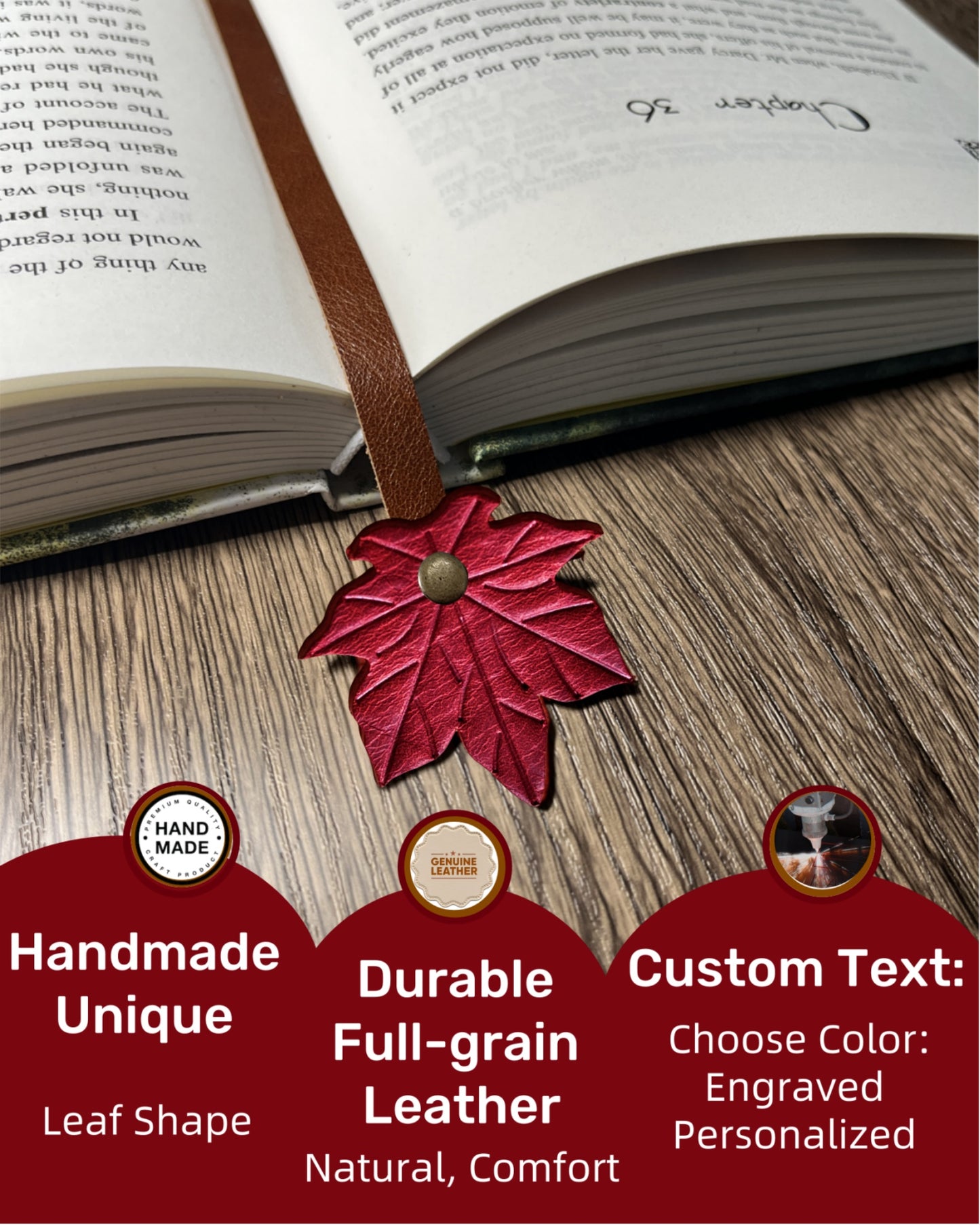 Book Lover Gifts for Women Men, Full-Grain Leather Bookmark for Reading, Unique Cute Fun Personalized Book Mark, Handmade Gift for Birthday Christmas Anniversary Retirement (Maple Leaf Red)