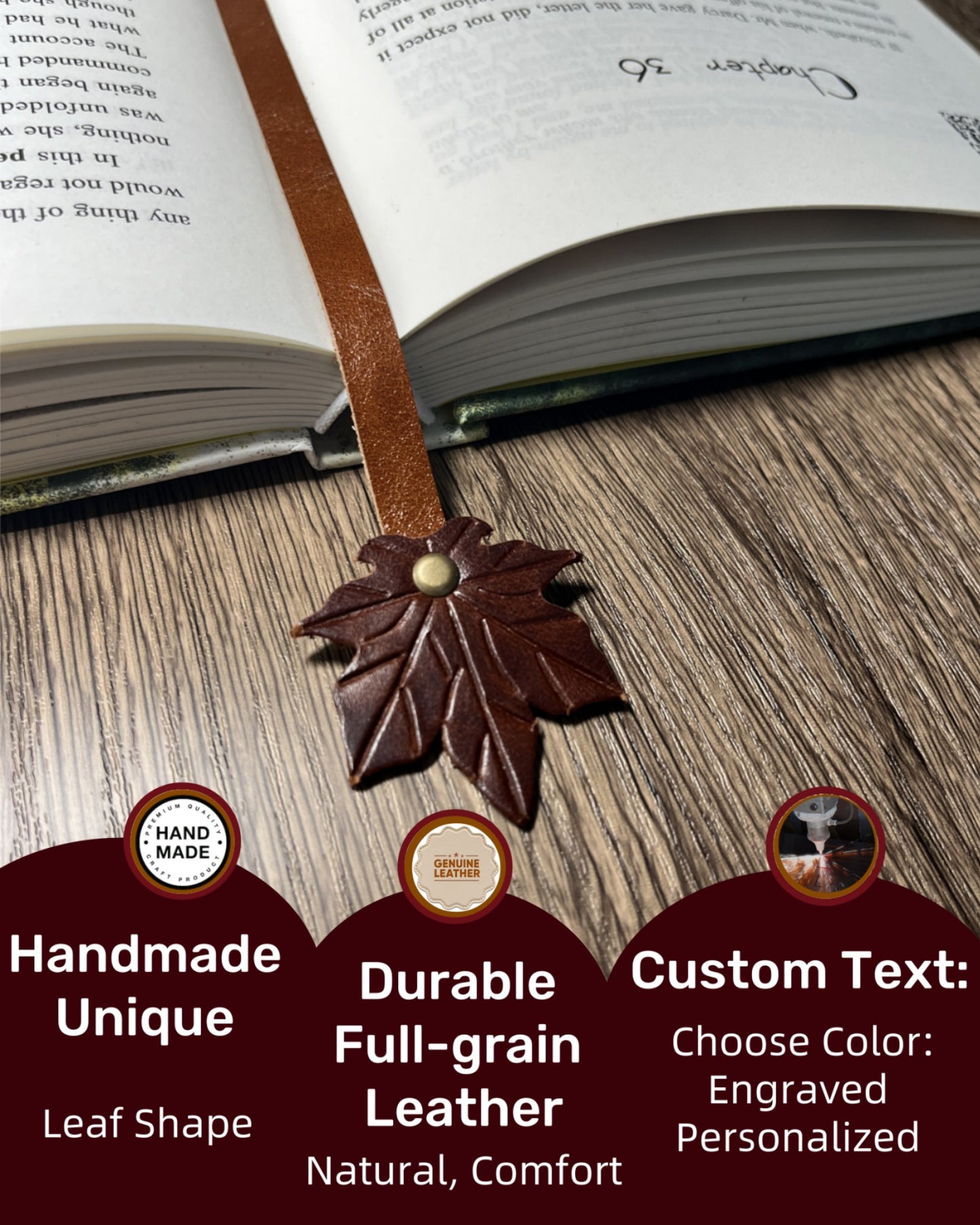 Book Lover Gifts for Women Men, Full-Grain Leather Bookmark for Reading, Unique Cute Fun Personalized Book Mark, Handmade Gift for Birthday Christmas Anniversary Retirement (Maple Leaf Italian Brown)