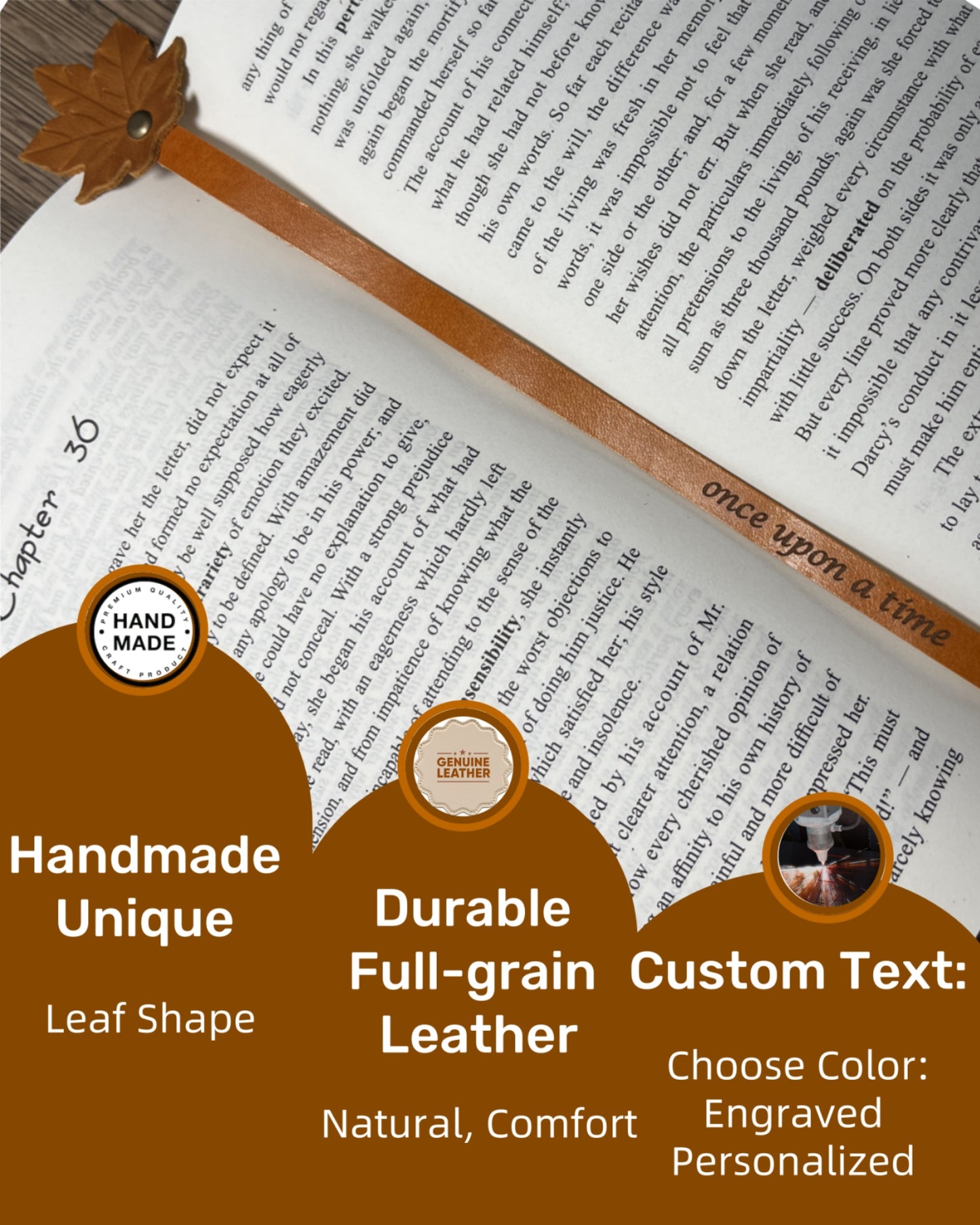 Book Lover Gifts for Women Men, Full-Grain Leather Bookmark for Reading, Unique Cute Fun Personalized Book Mark, Handmade Gift for Birthday Christmas Anniversary Retirement (Engraved once upon a time)