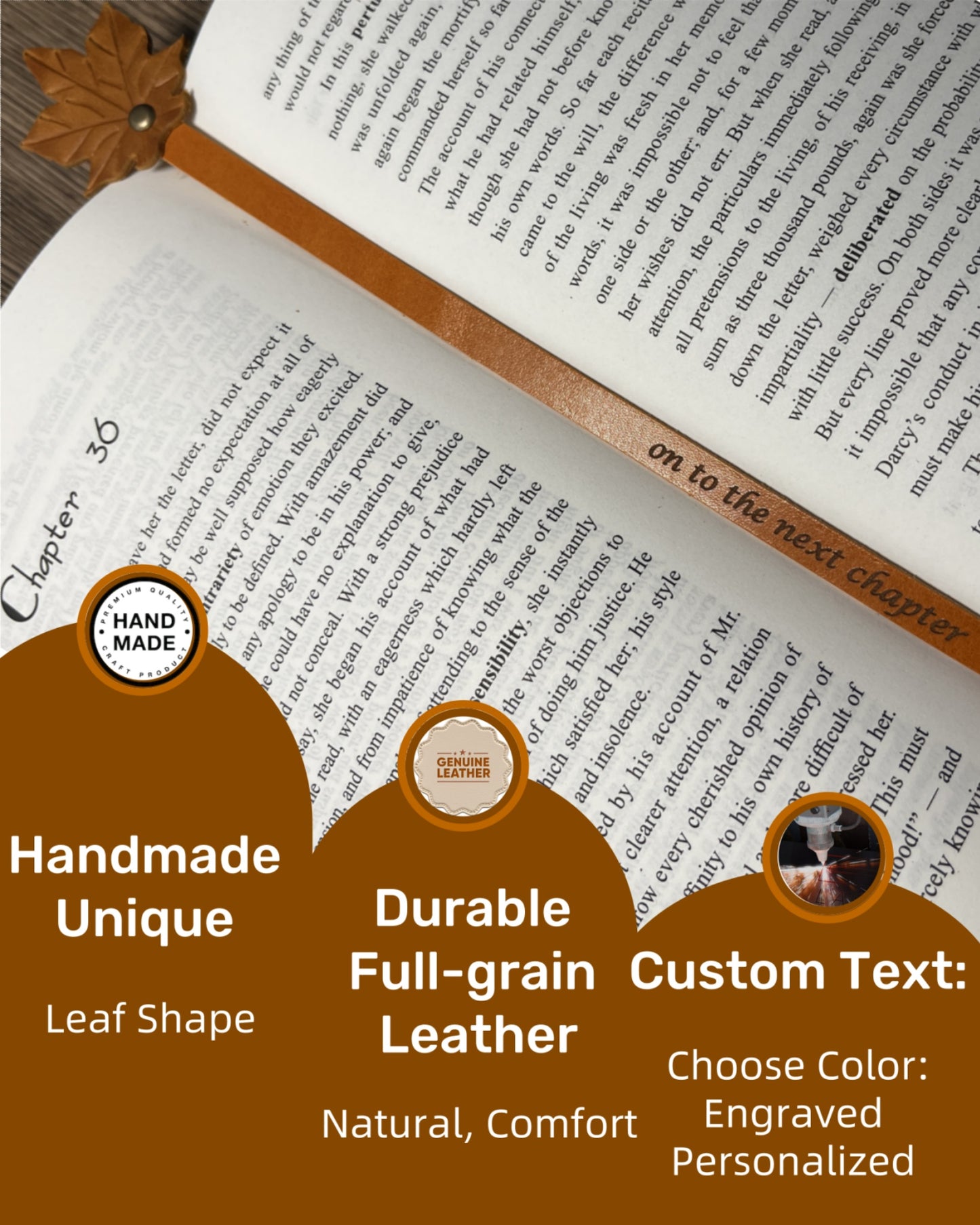 Book Lover Gifts for Women Men, Full-Grain Leather Bookmark for Reading, Unique Cute Fun Personalized Book Mark, Handmade Gift for Birthday Christmas Anniversary Retirement (Engraved on to the next chapter)