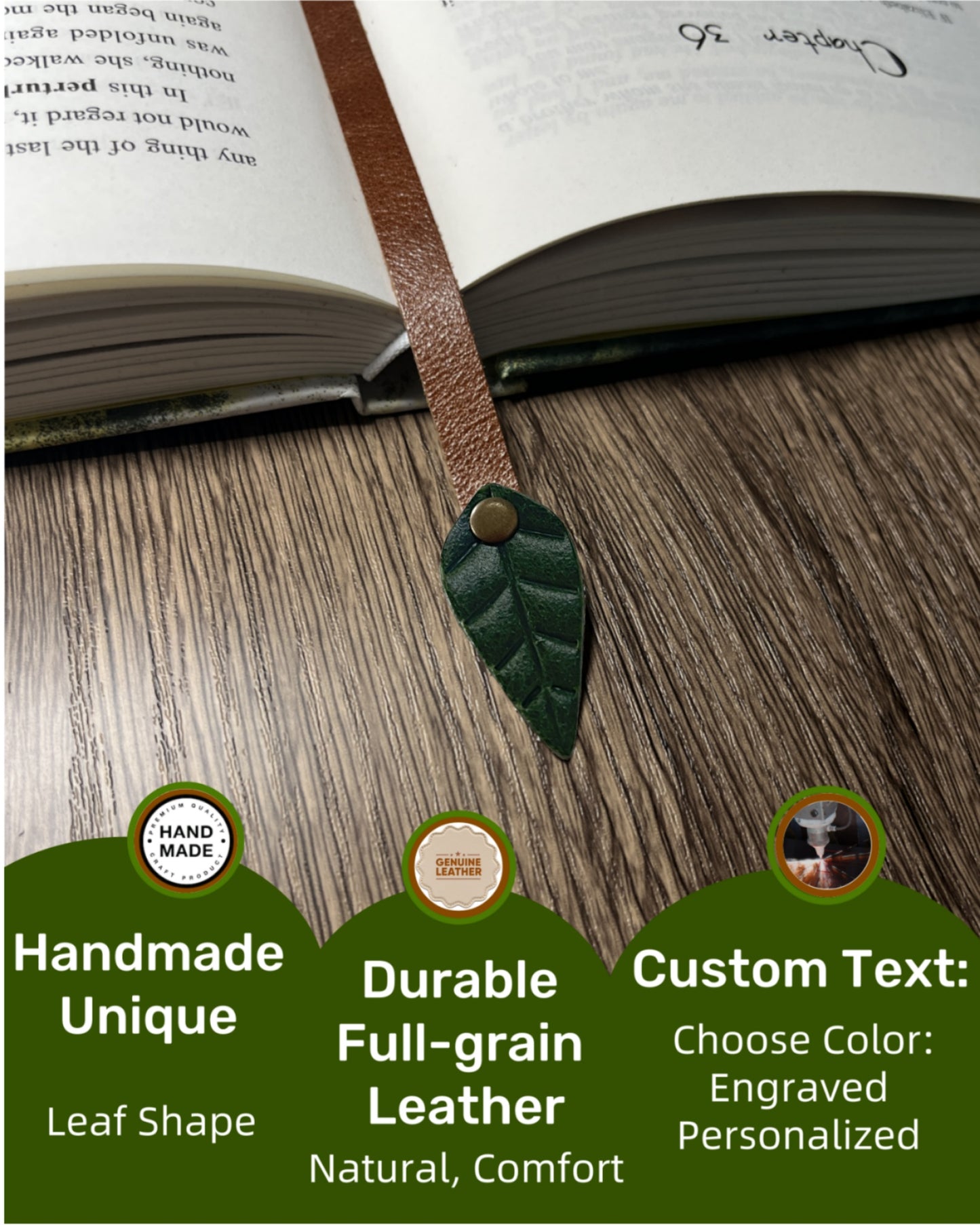 Book Lover Gifts for Women Men, Full-Grain Leather Bookmark for Reading, Unique Cute Fun Personalized Book Mark, Handmade Gift for Birthday Christmas Anniversary Retirement (Leaf Forest Green)
