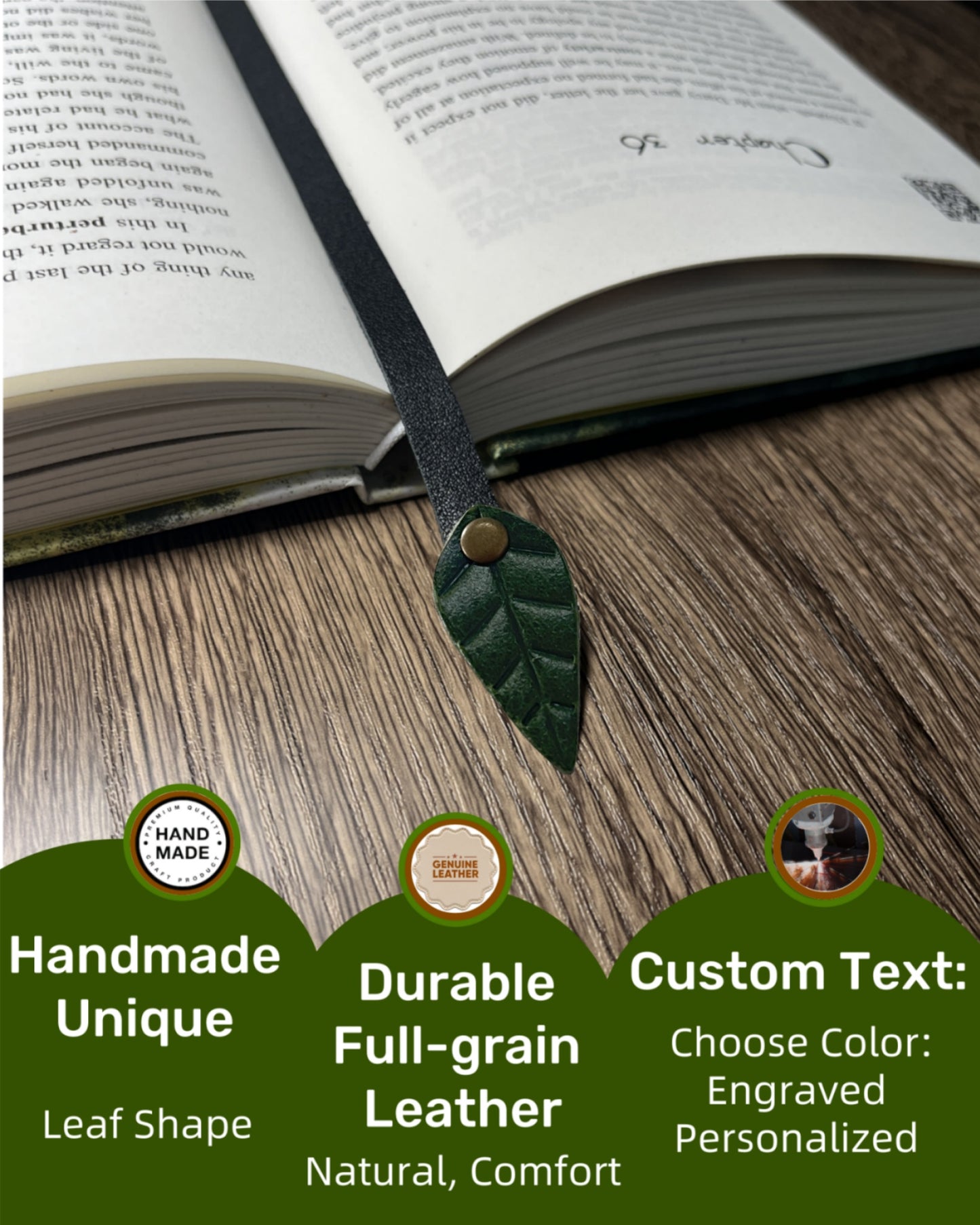 Book Lover Gifts for Women Men, Full-Grain Leather Bookmark for Reading, Unique Cute Fun Personalized Book Mark, Handmade Gift for Birthday Christmas Anniversary Retirement (Forest Green Leaf Black Strap)