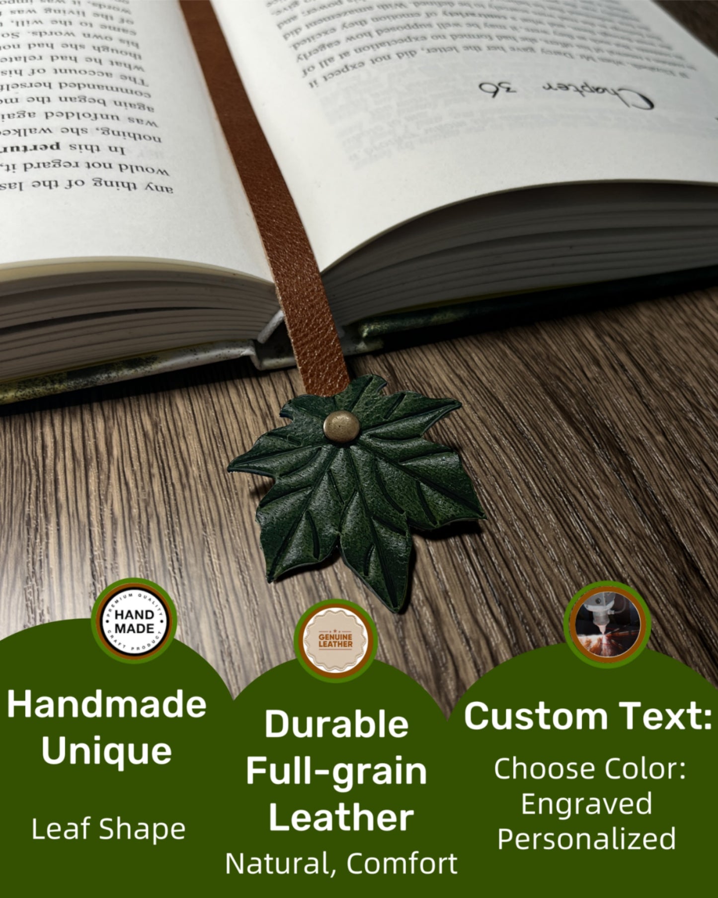 Book Lover Gifts for Women Men, Full-Grain Leather Bookmark for Reading, Unique Cute Fun Personalized Book Mark, Handmade Gift for Birthday Christmas Anniversary Retirement (Maple Leaf Forest Green)