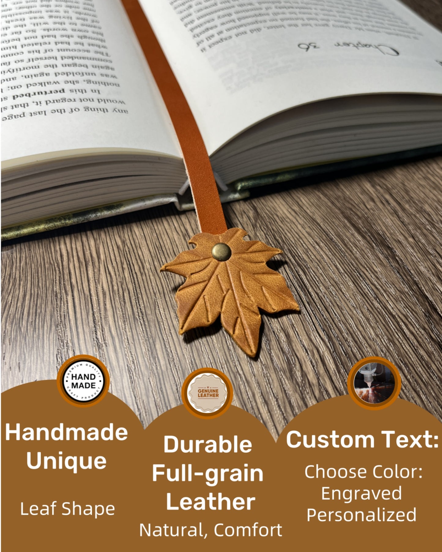 Book Lover Gifts for Women Men, Full-Grain Leather Bookmark for Reading, Unique Cute Fun Personalized Book Mark, Handmade Gift for Birthday Christmas Anniversary Retirement (Maple Leaf Honey Yellow)