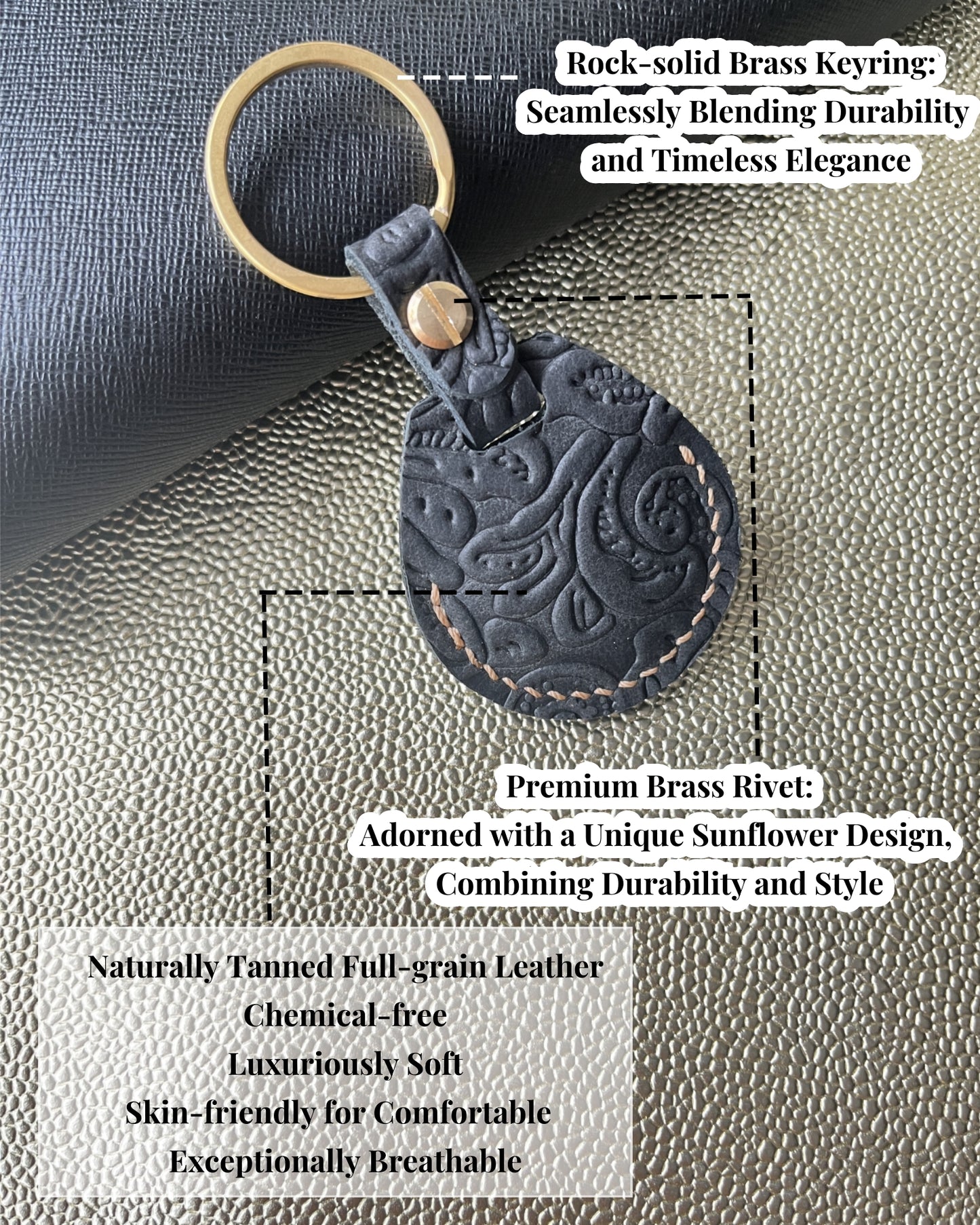 Compatible with Airtag Keychain Holder Full-grain Genuine Leather Air Tag Key Ring Case Women Men Gifts Handmade (A Black Flower)