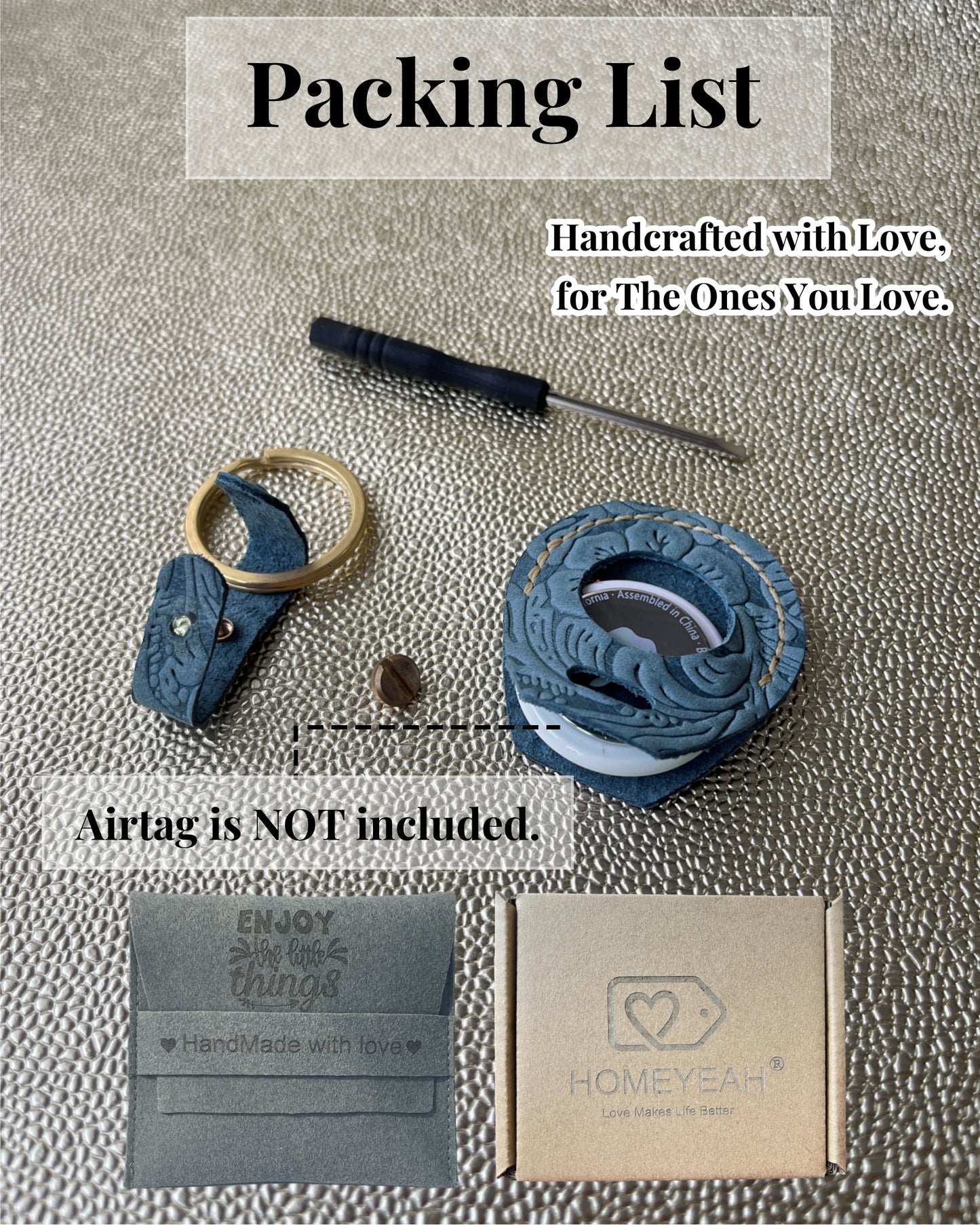 Compatible with Airtag Keychain Holder Full-grain Genuine Leather Air Tag Key Ring Case Women Men Gifts Handmade (A Blue Flower)