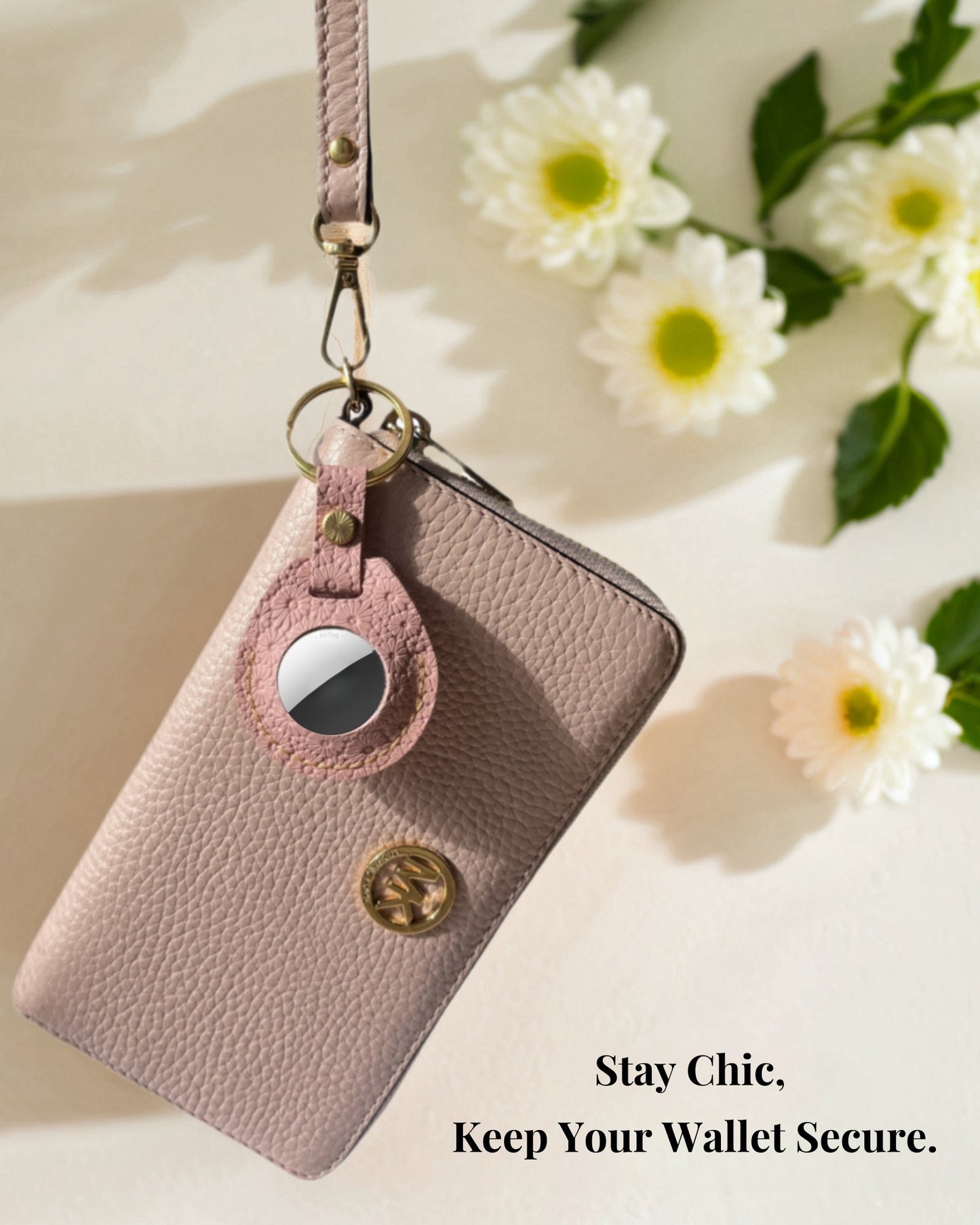 Compatible with Airtag Keychain Holder Full-grain Genuine Leather Air Tag Key Ring Case Women Men Gifts Handmade (A Blush Pink Flower)