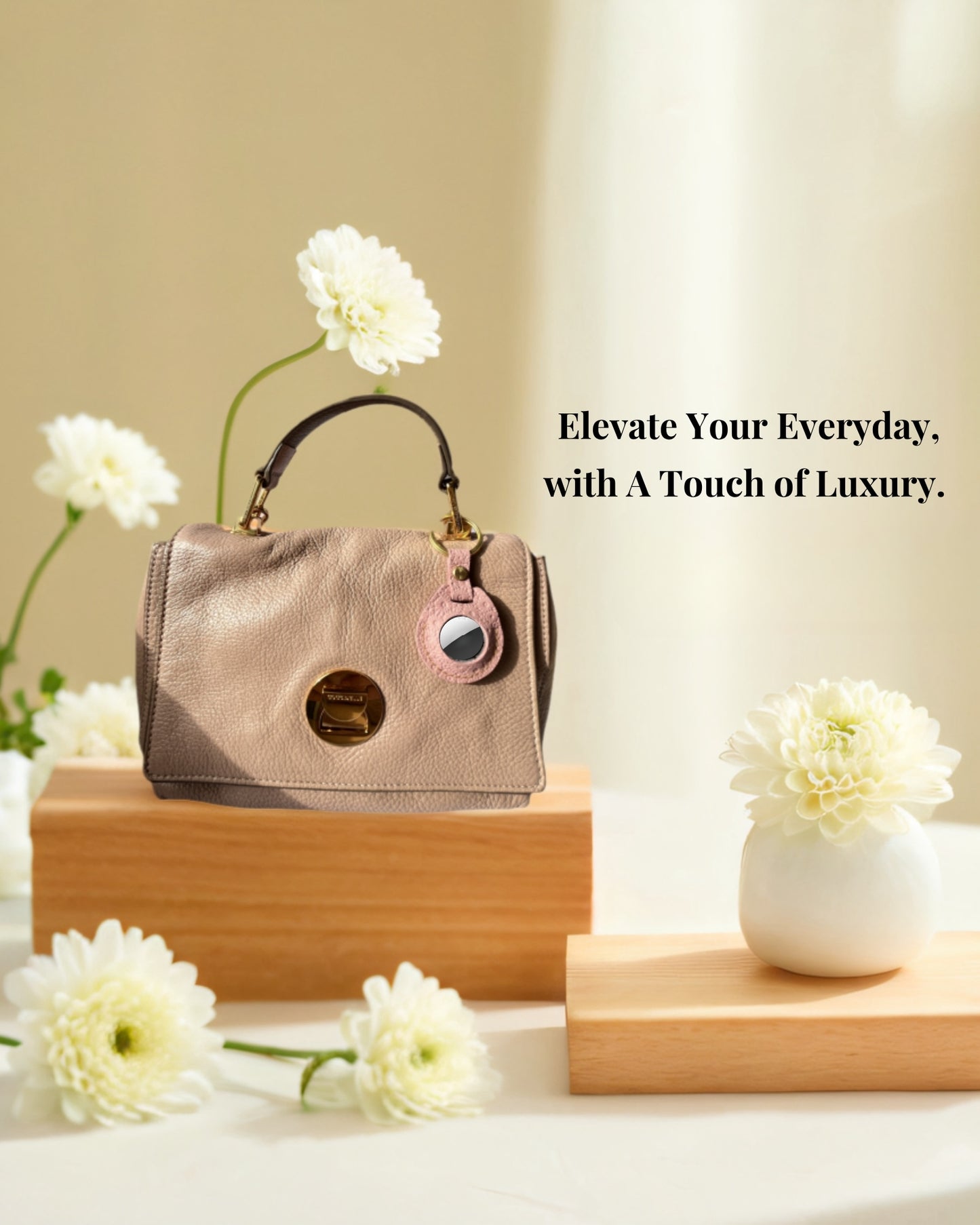Compatible with Airtag Keychain Holder Full-grain Genuine Leather Air Tag Key Ring Case Women Men Gifts Handmade (A Blush Pink Flower)