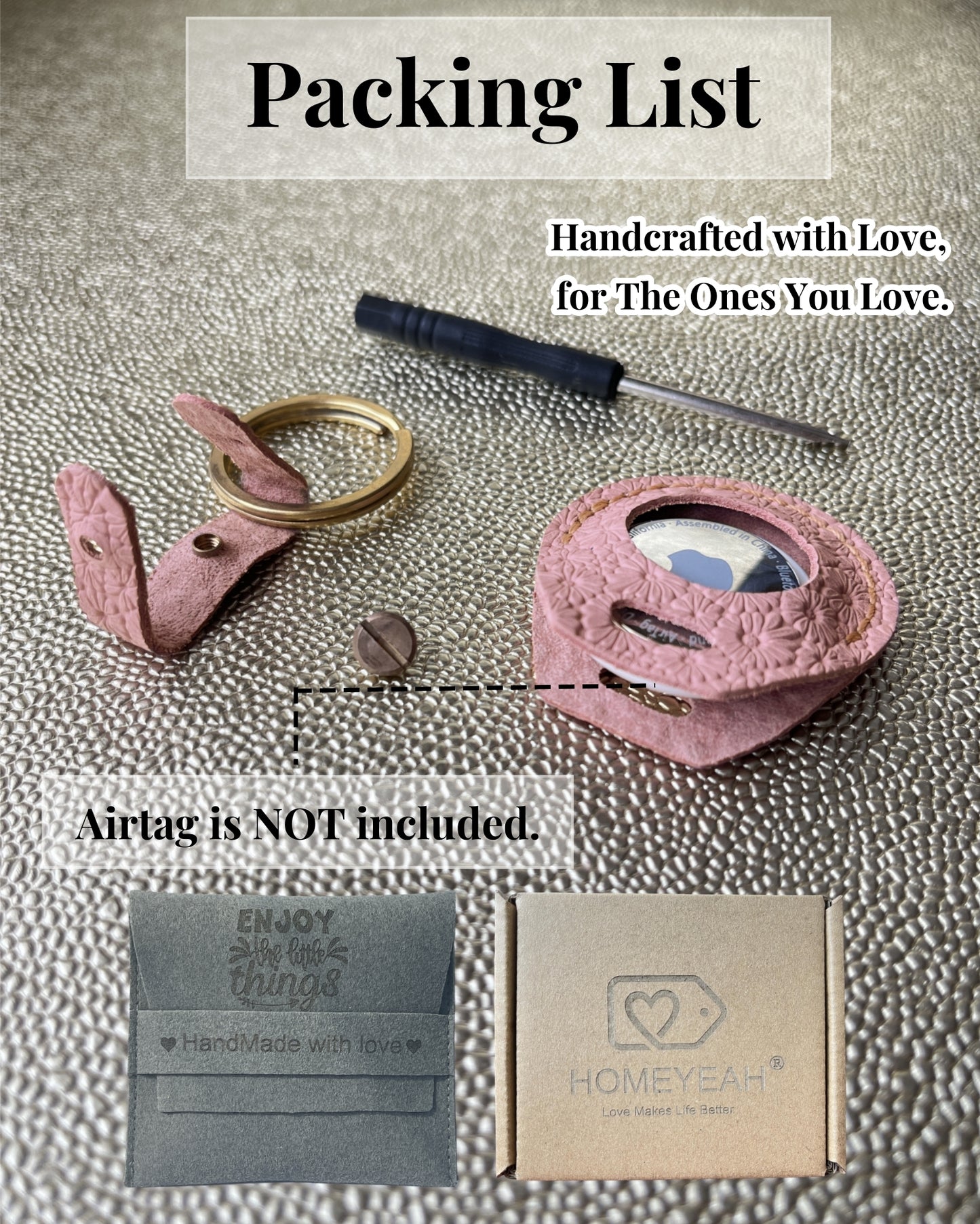 Compatible with Airtag Keychain Holder Full-grain Genuine Leather Air Tag Key Ring Case Women Men Gifts Handmade (A Blush Pink Flower)