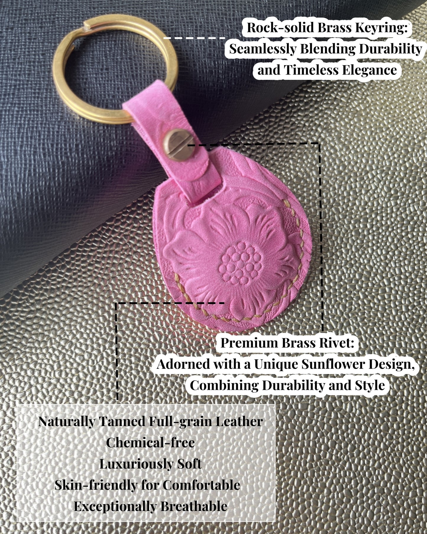 Compatible with Airtag Keychain Holder Full-grain Genuine Leather Air Tag Key Ring Case Women Men Gifts Handmade (A Hot Pink Flower)