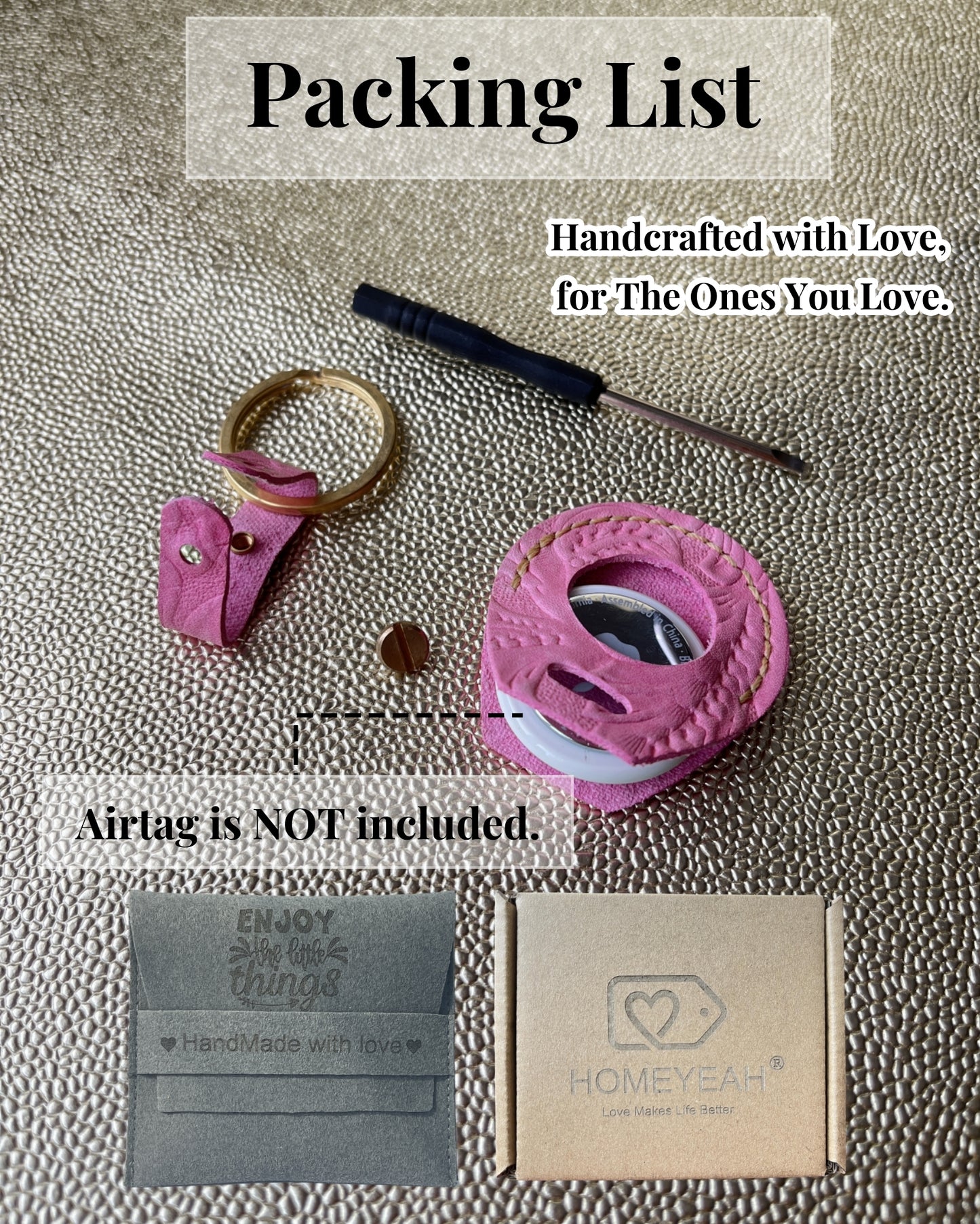 Compatible with Airtag Keychain Holder Full-grain Genuine Leather Air Tag Key Ring Case Women Men Gifts Handmade (A Hot Pink Flower)