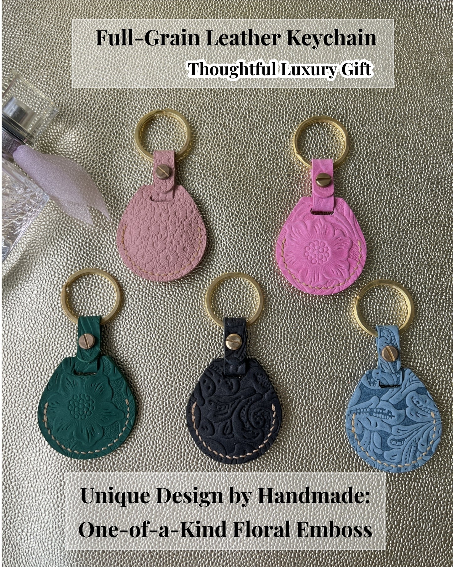 Compatible with Airtag Keychain Holder Full-grain Genuine Leather Air Tag Key Ring Case Women Men Gifts Handmade (A Pine Green Flower)