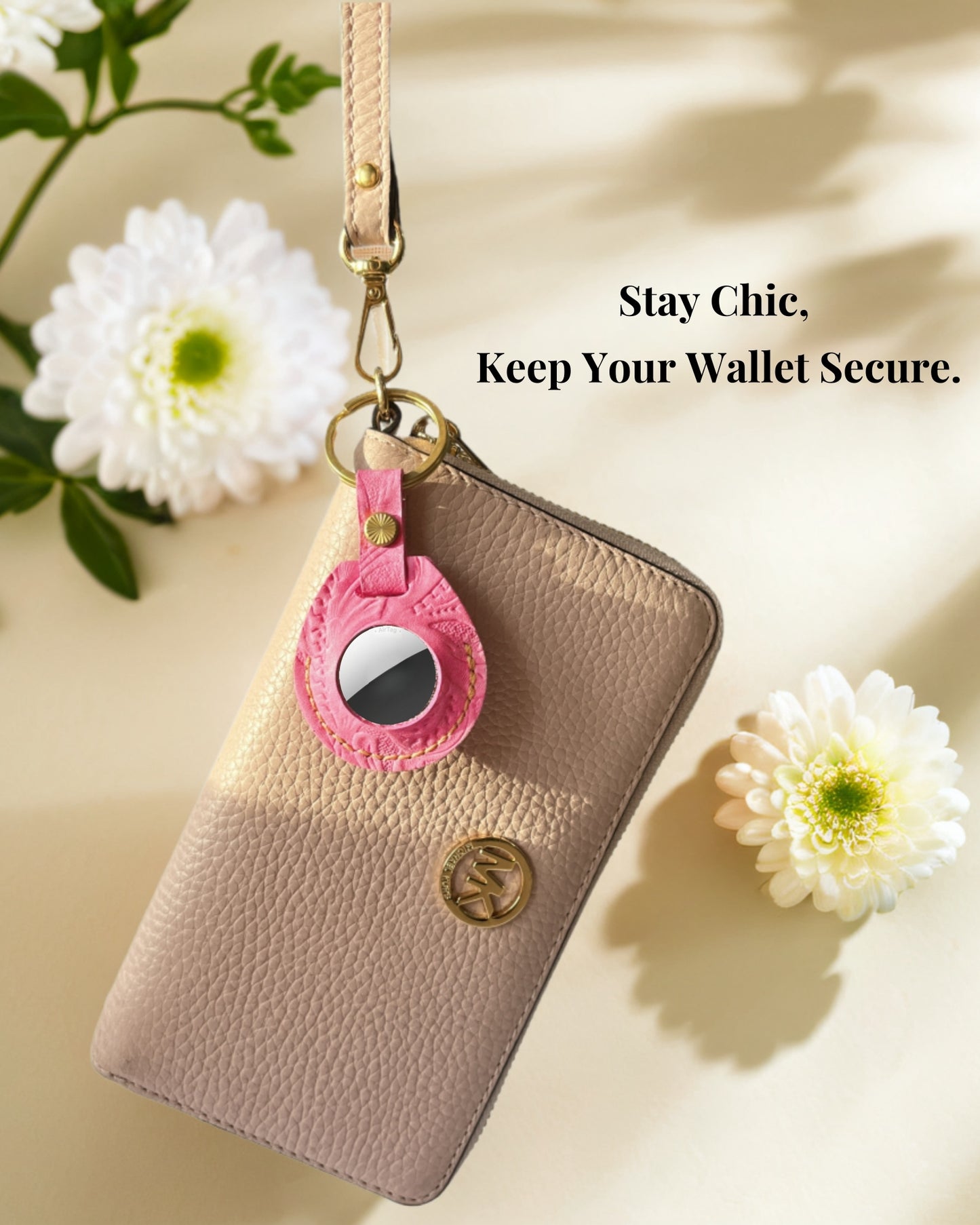 Compatible with Airtag Keychain Holder Full-grain Genuine Leather Air Tag Key Ring Case Women Men Gifts Handmade (A Hot Pink Flower)