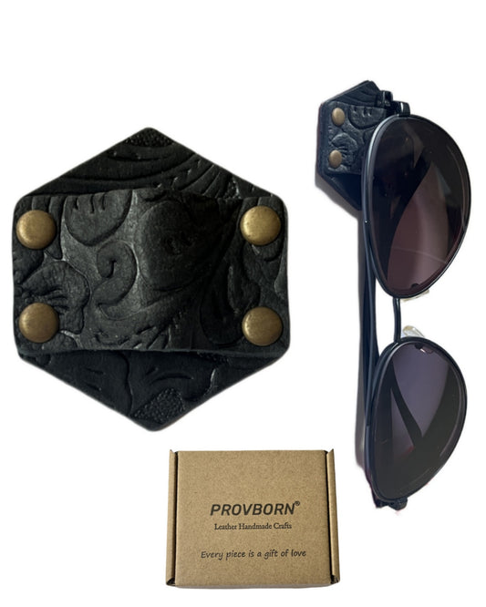 Leather Sunglass Holder for Car Dash One Handed, Eye Glasses Holder Organizer for Wall nightstand, Unique Gifts (Black Textured)