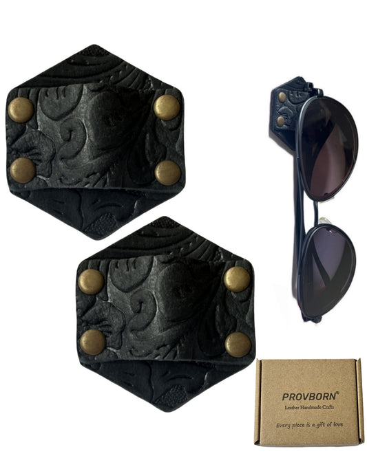 Leather Sunglass Holder for Car Dash One Handed, Eye Glasses Holder Organizer for Wall nightstand, Unique Gifts (Black Textured 2 Pack)