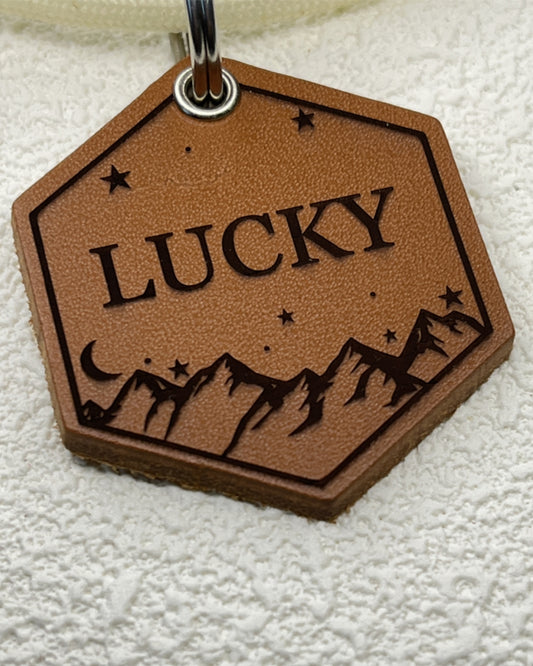 Leather Silent Dog Tags Personalized,Custom Engraved Name Dog Tag Silencer,Large or Small Pet ID Tag for Collar （Maple Brown)