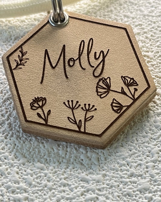 Leather Silent Dog Tags Personalized,Custom Engraved Name Dog Tag Silencer,Large or Small Pet ID Tag for Collar （Natural Sand)
