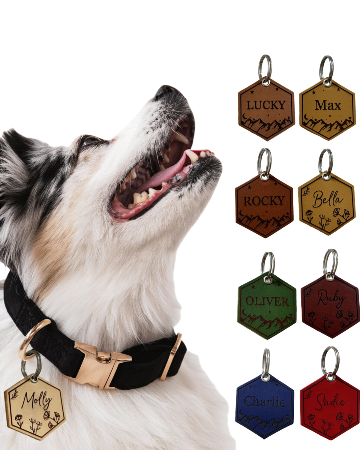 Leather Silent Dog Tags Personalized,Custom Engraved Name Dog Tag Silencer,Large or Small Pet ID Tag for Collar （Natural Sand)